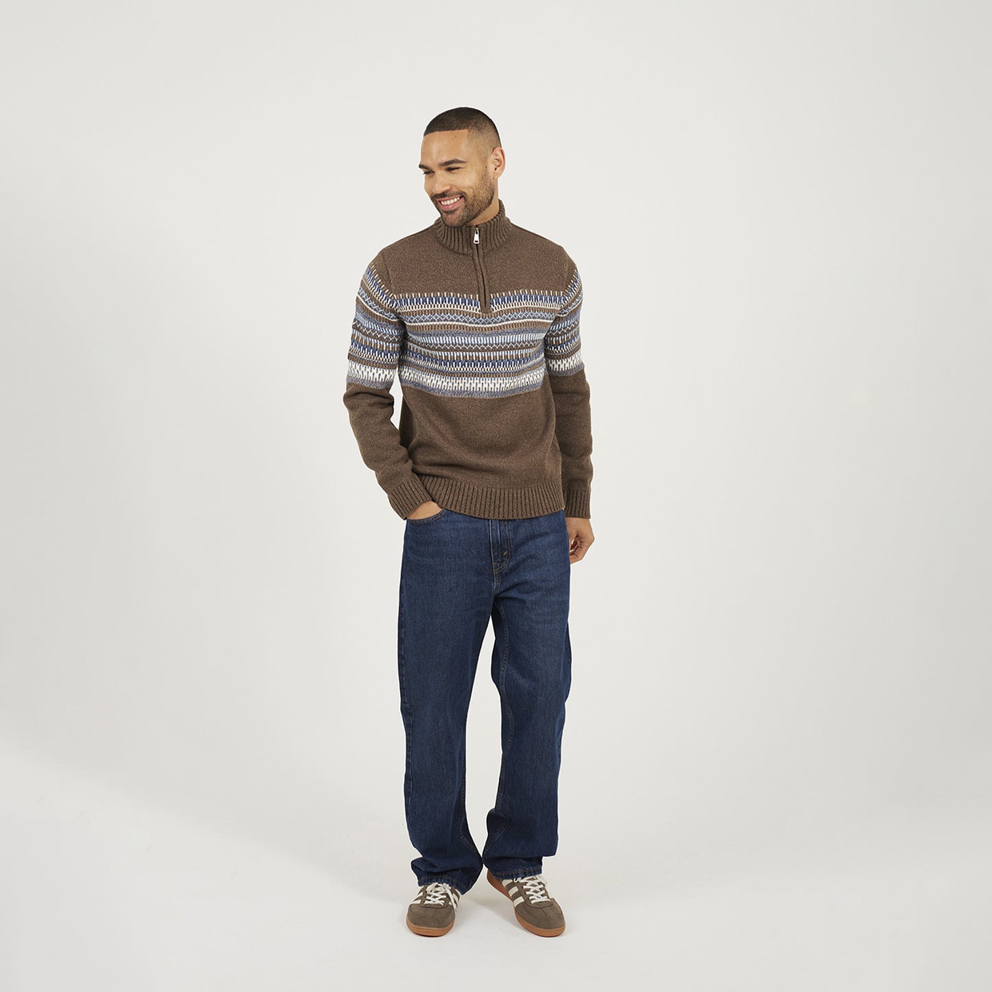 Brave Soul Brown Quarter Zip Fair Isle Jumper - Brown Image 3