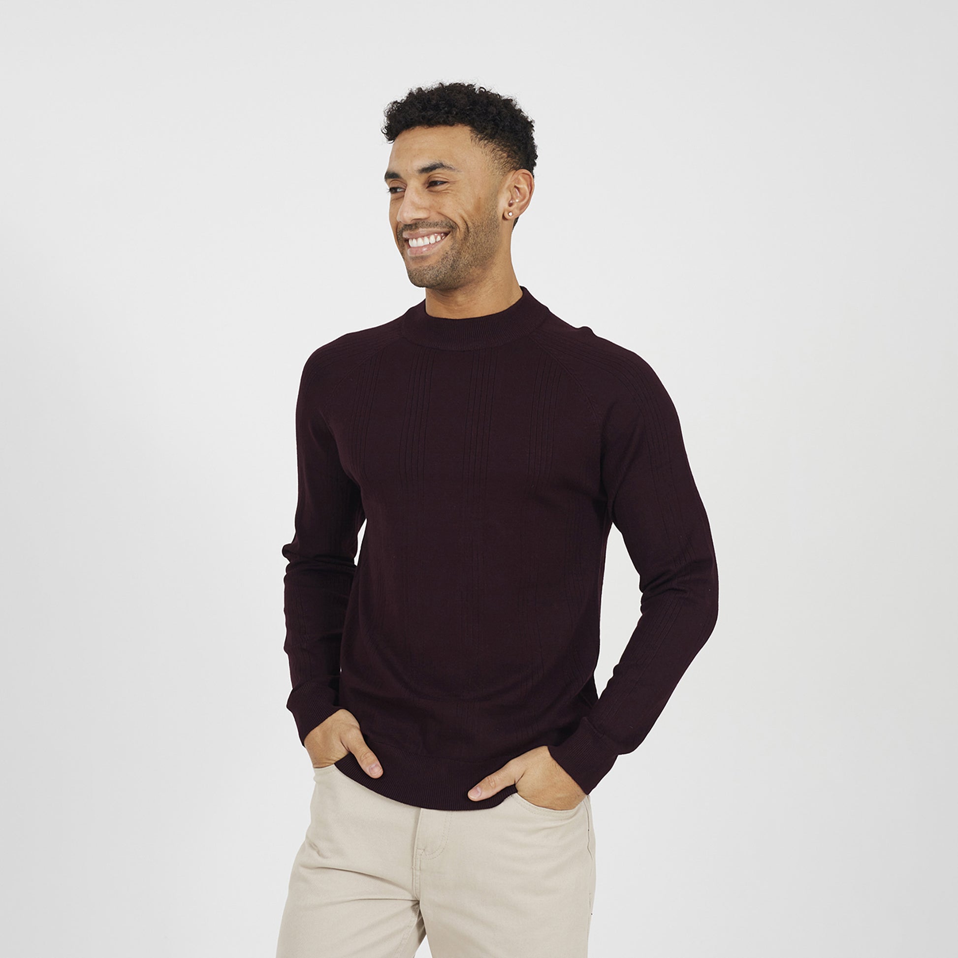 Brave Soul Burgundy Long Sleeve Ribbed Raglan Jumper - Burgundy Image 1