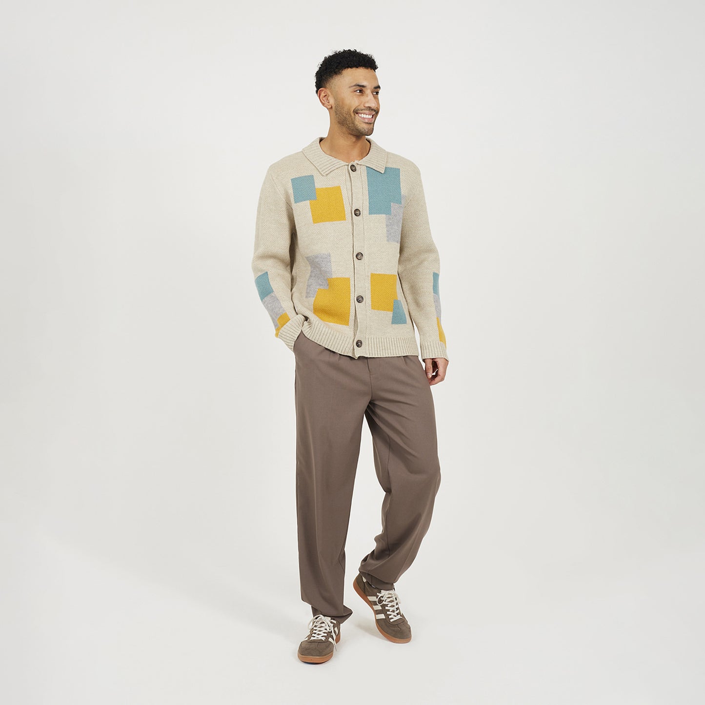 Brave Soul Beige Abstract Block Pattern Cardigan - Beige Image 3