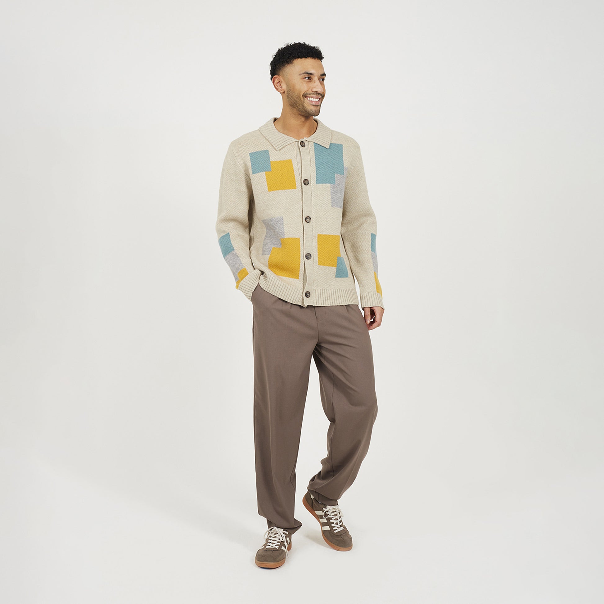 Brave Soul Beige Abstract Block Pattern Cardigan - Beige Image 3