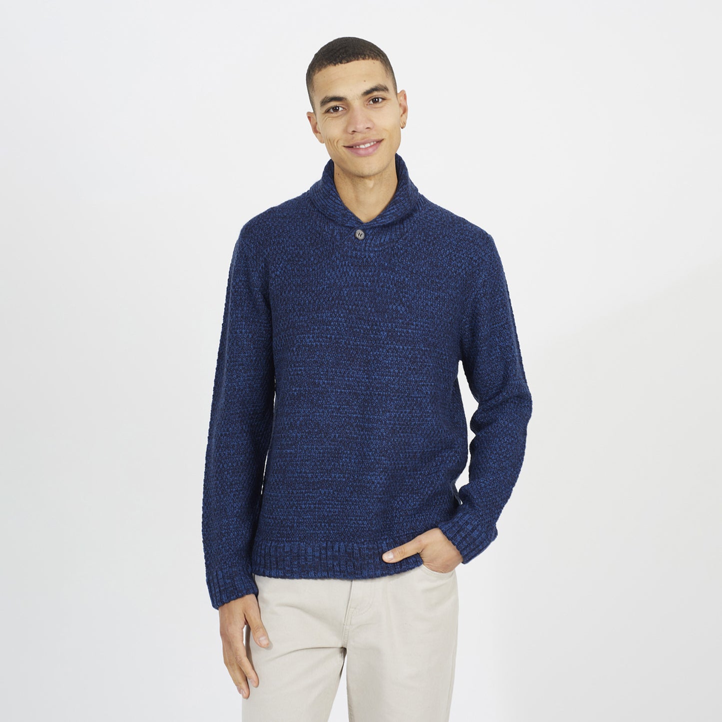 Brave Soul Navy Shawl Neck Textured Knit Jumper - Navy Image 1