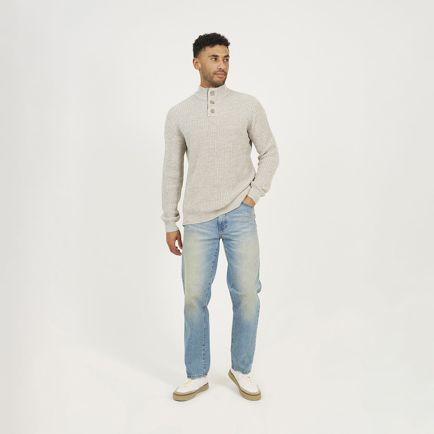 Brave Soul Natural Funnel Neck Jumper with Buttons - Natural Image 3