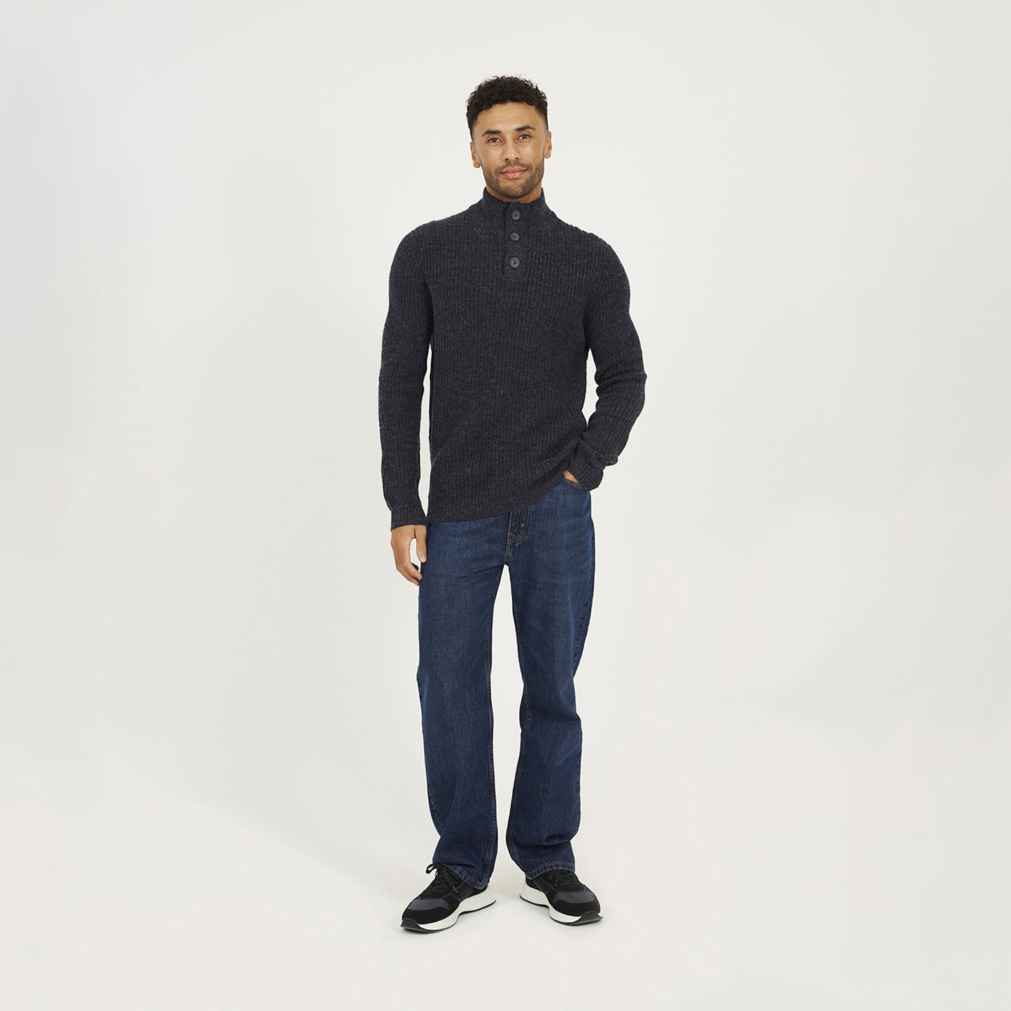 Brave Soul Navy Funnel Neck Jumper with Buttons - Navy Image 3
