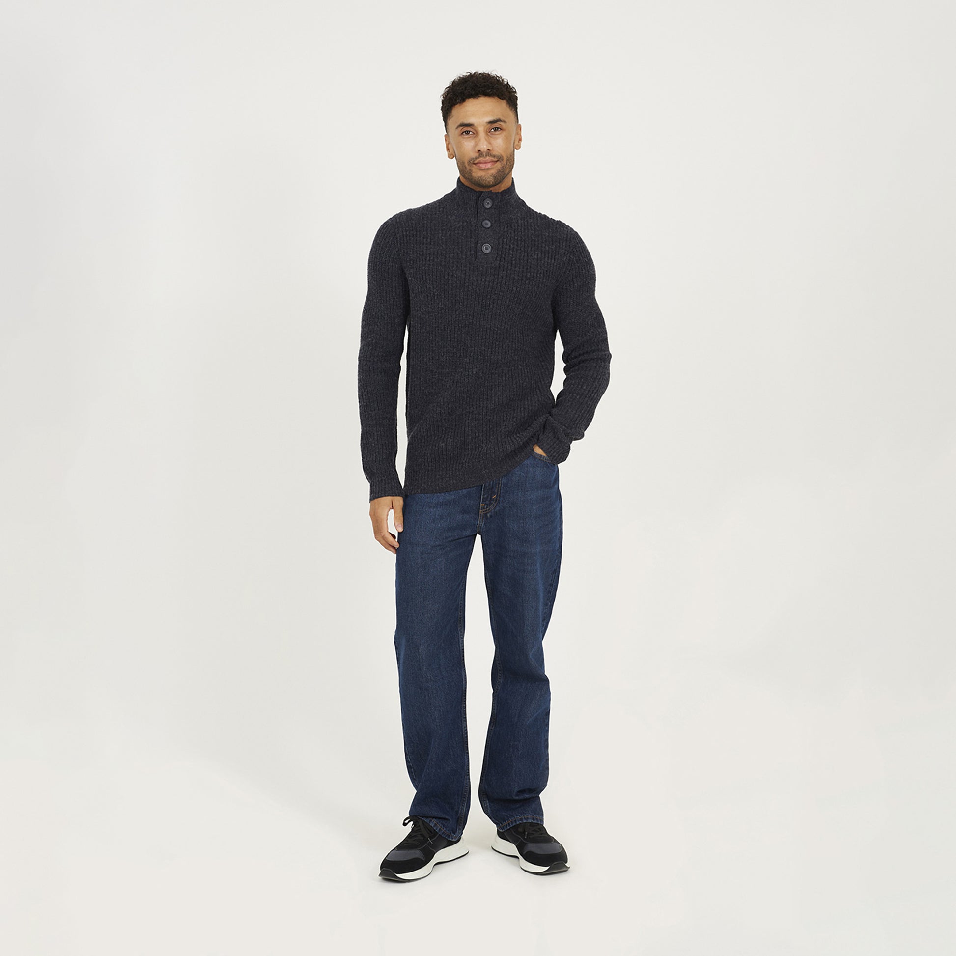 Brave Soul Navy Funnel Neck Jumper with Buttons - Navy Image 3
