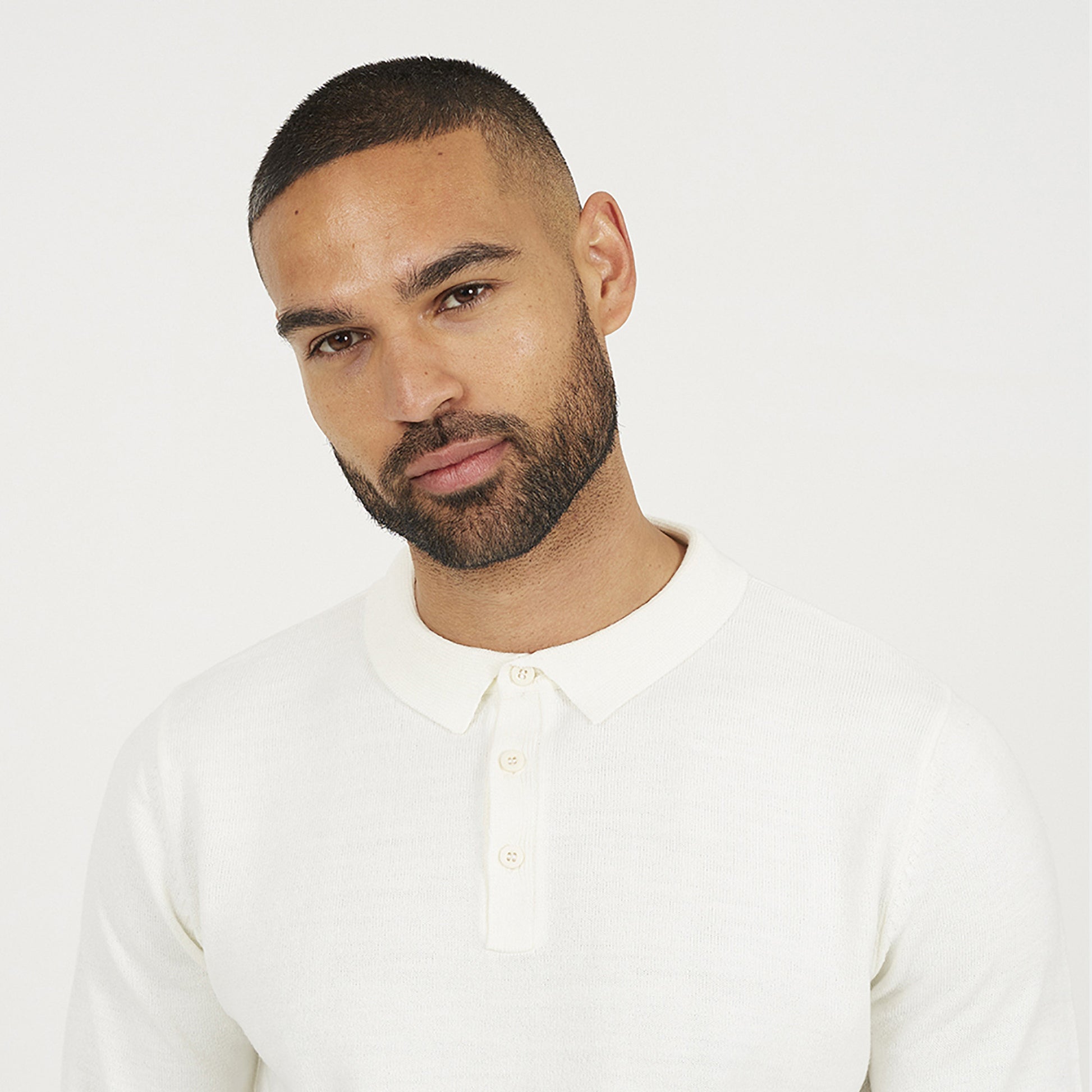 Brave Soul Off White Long Sleeve Knitted Polo - Off White Image 4