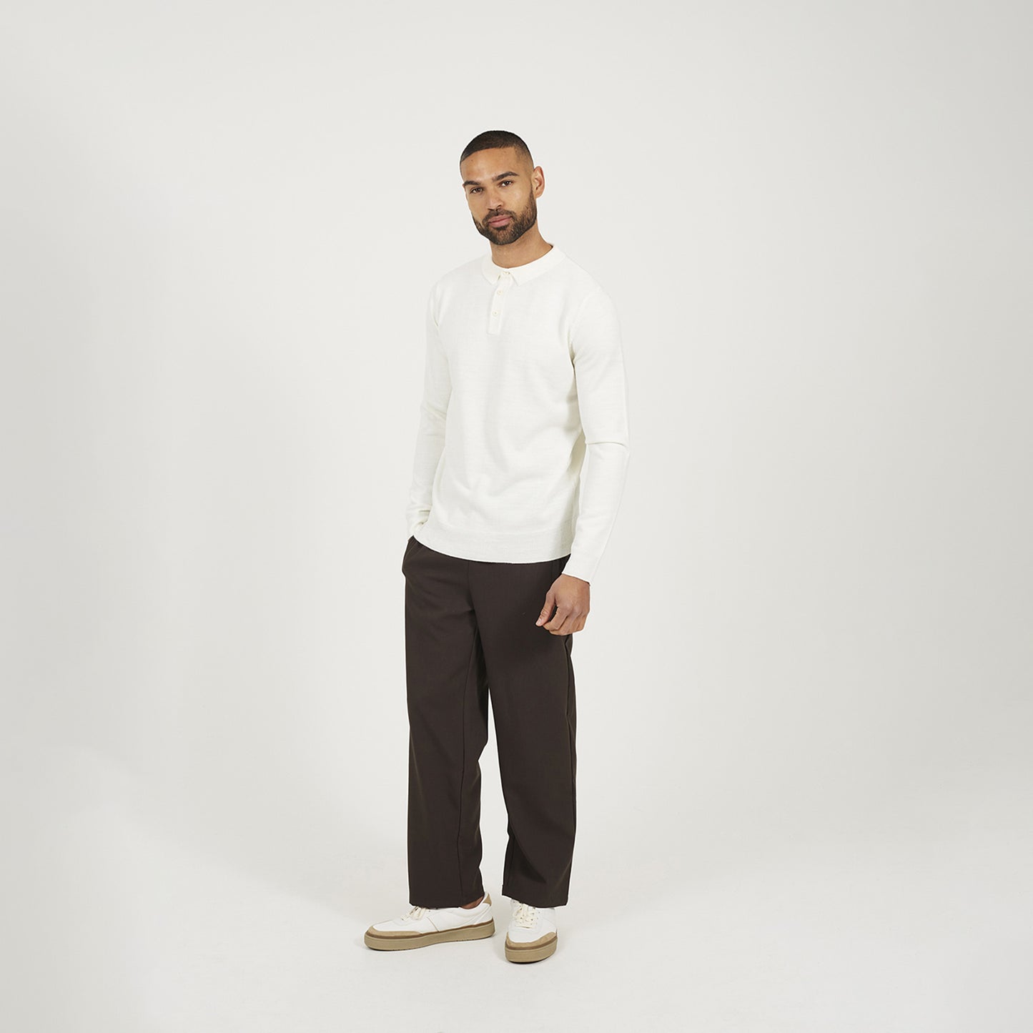 Brave Soul Off White Long Sleeve Knitted Polo - Off White Image 3