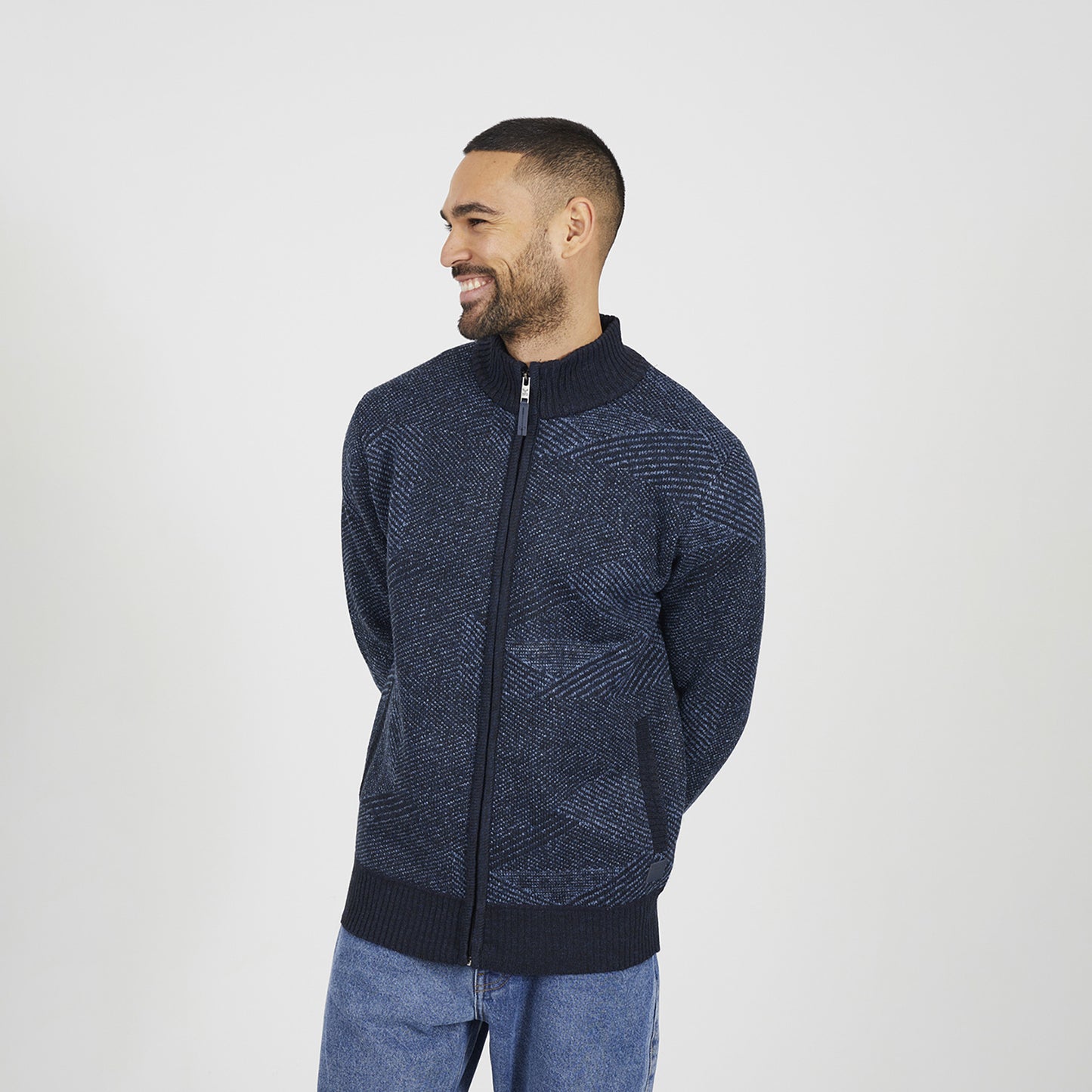 Brave Soul Navy Funnel Neck Zip Through Knitted Jumper - Navy Image 1