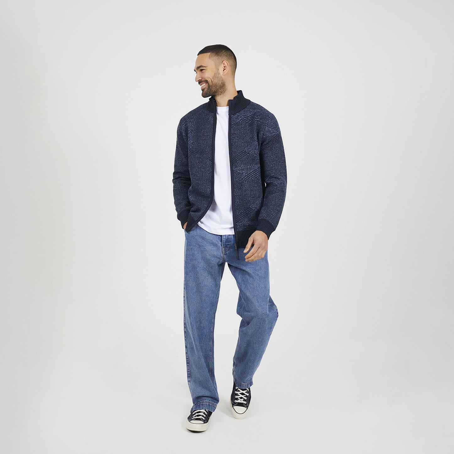 Brave Soul Navy Funnel Neck Zip Through Knitted Jumper - Navy Image 3