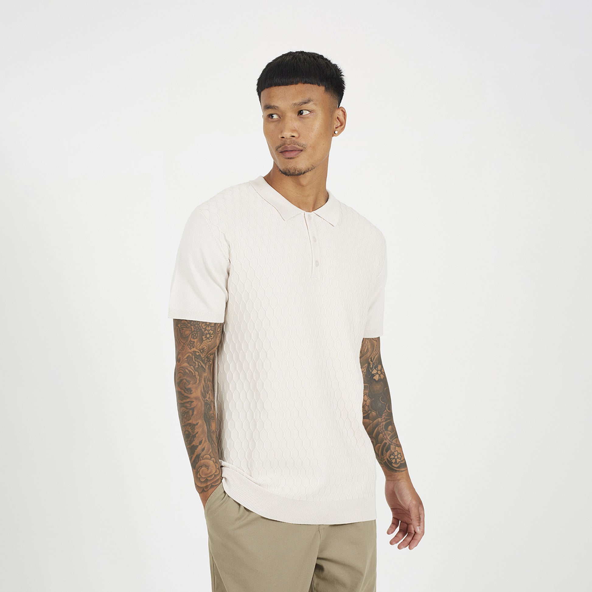 Brave Soul Light Sand Short Sleeve Knitted Polo Shirt - Light Sand Image 1