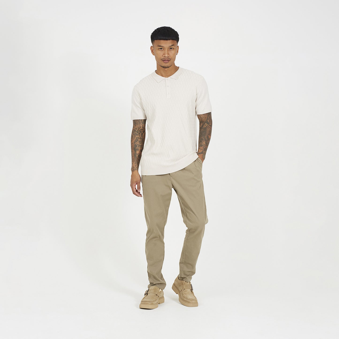 Brave Soul Light Sand Short Sleeve Knitted Polo Shirt - Light Sand Image 3