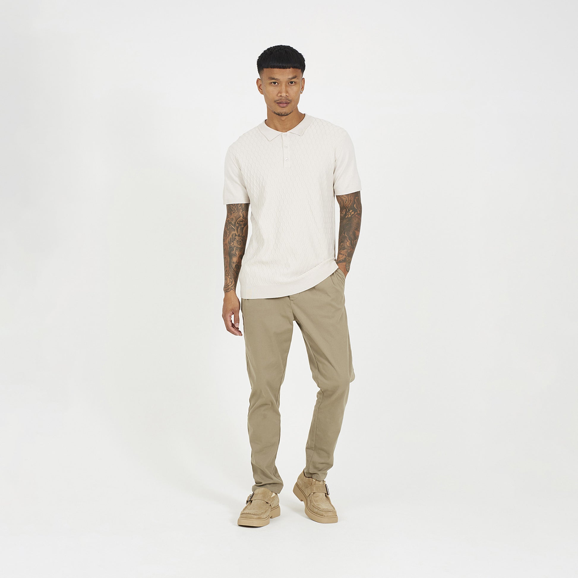Brave Soul Light Sand Short Sleeve Knitted Polo Shirt - Light Sand Image 3