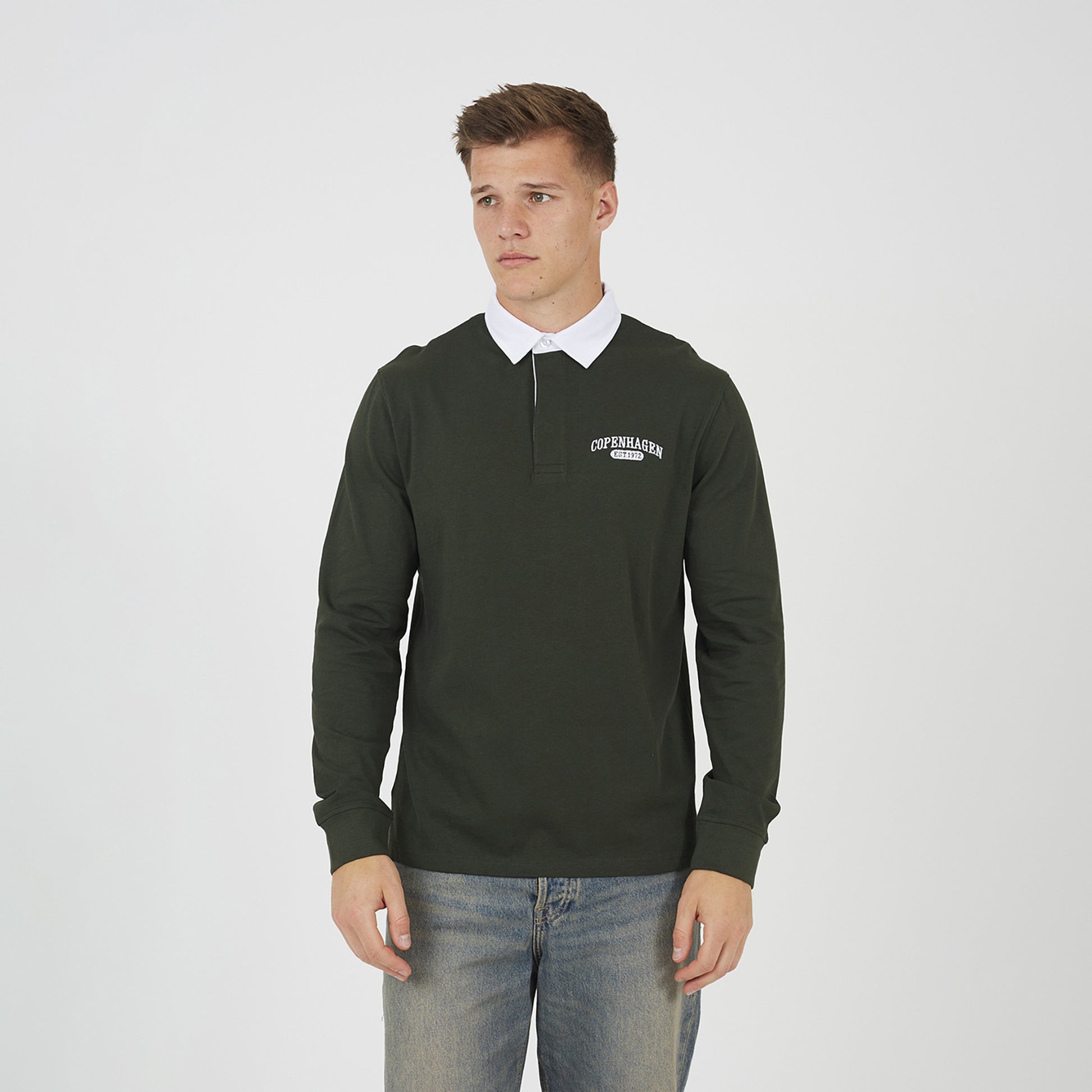 Brave Soul Dark Green Solid Colour Rugby Shirt - Dark Green Image 1