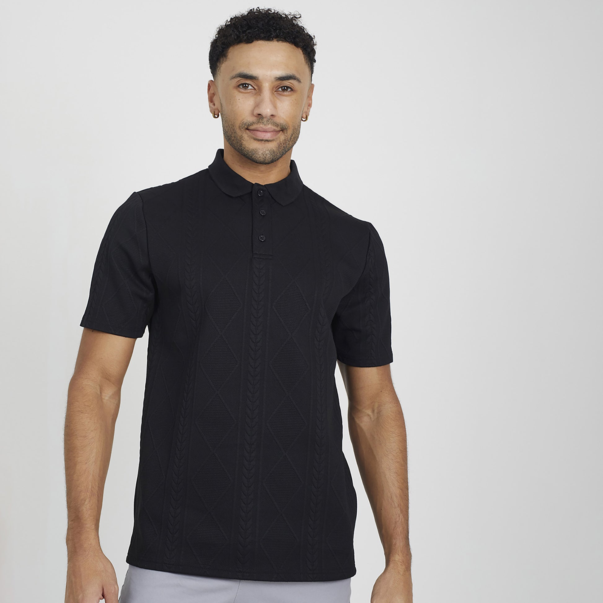 Brave Soul Black Jacquard Knit Polo Shirt - Black Image 1