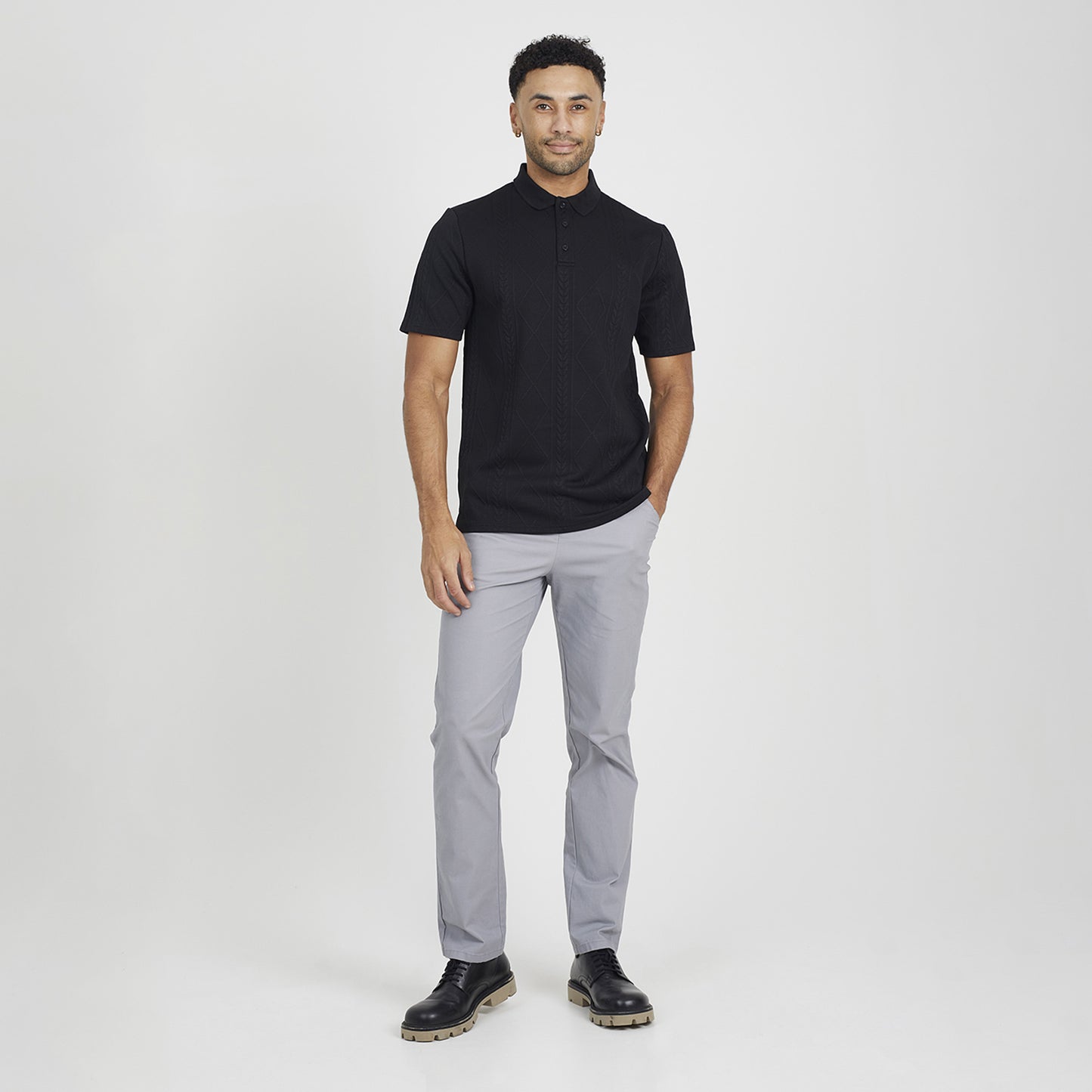 Brave Soul Black Jacquard Knit Polo Shirt - Black Image 3