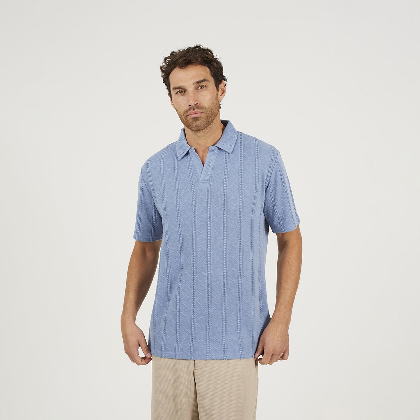 Brave Soul Blue Jacquard Trophy Neck Polo Shirt - Blue Image 1
