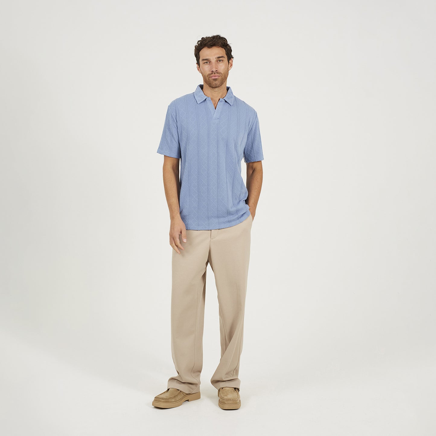 Brave Soul Blue Jacquard Trophy Neck Polo Shirt - Blue Image 3