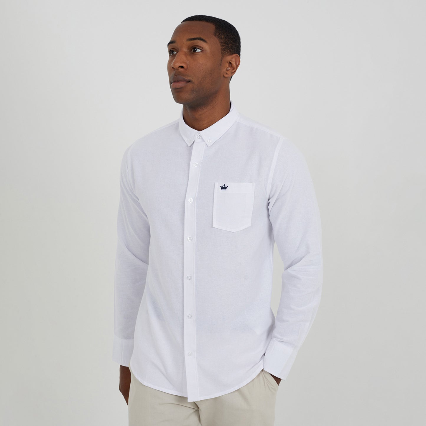 Brave Soul White Cotton Long Sleeve Oxford Shirt - White Image 1