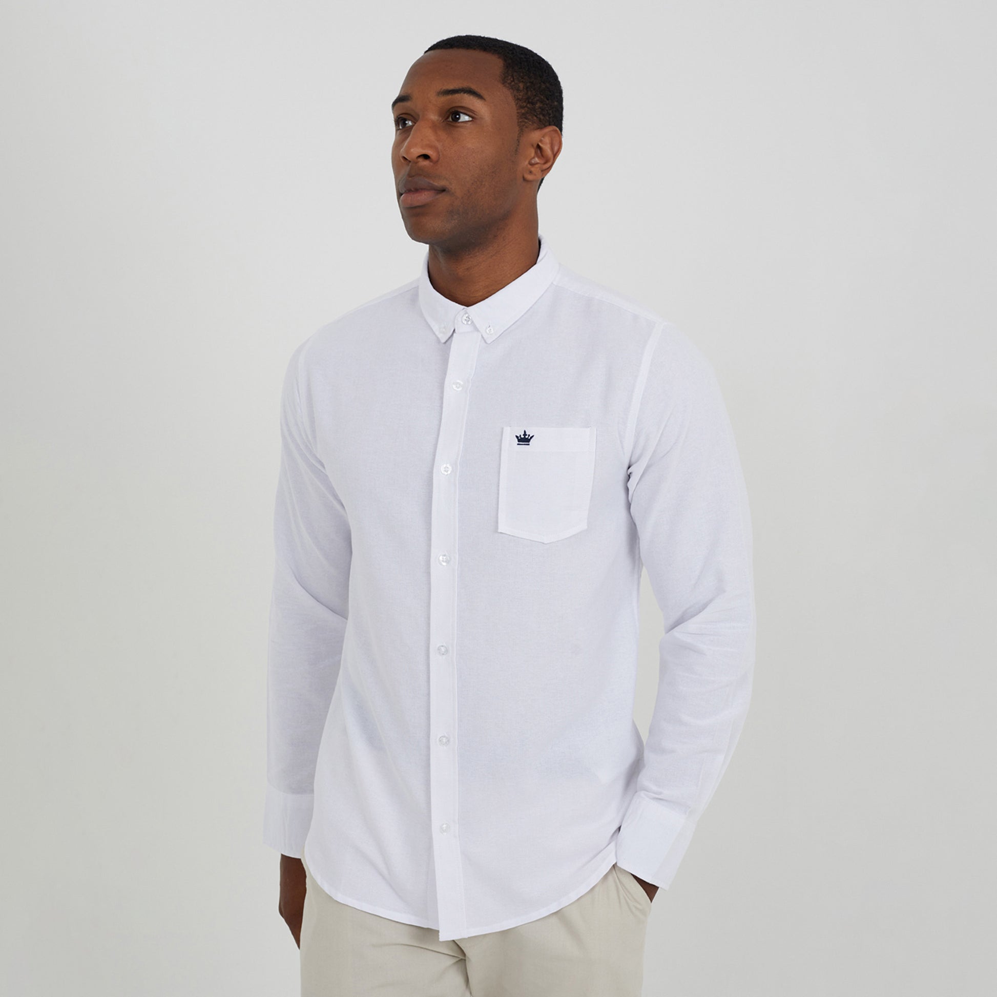 Brave Soul White Cotton Long Sleeve Oxford Shirt - White Image 1