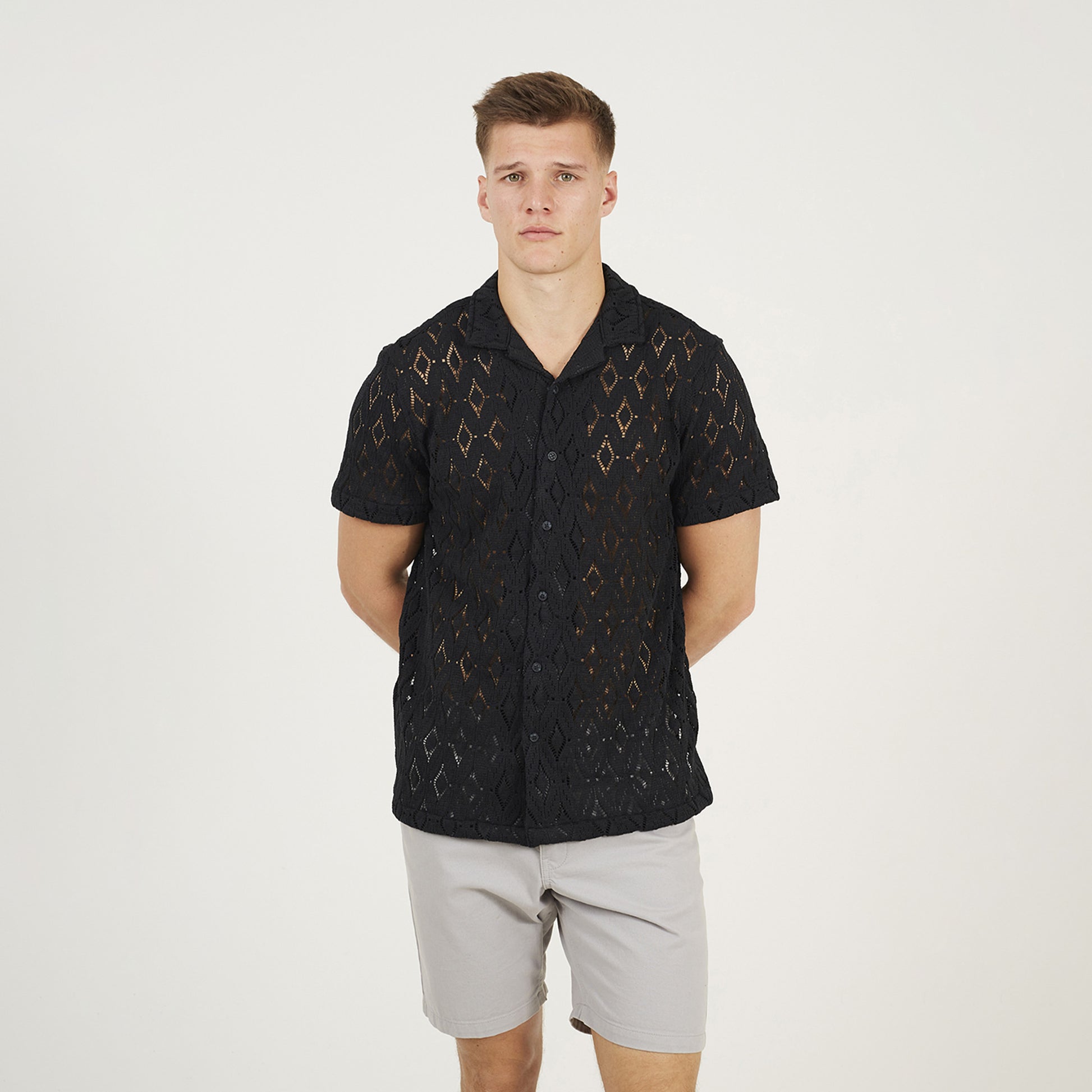 Brave Soul Black Geometric Crochet Short Sleeve Shirt - Black Image 1
