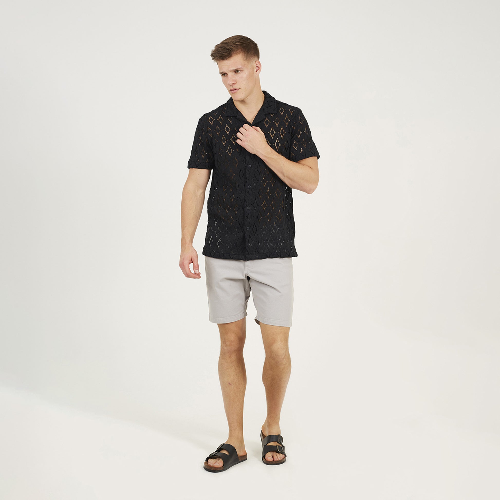 Brave Soul Black Geometric Crochet Short Sleeve Shirt - Black Image 3