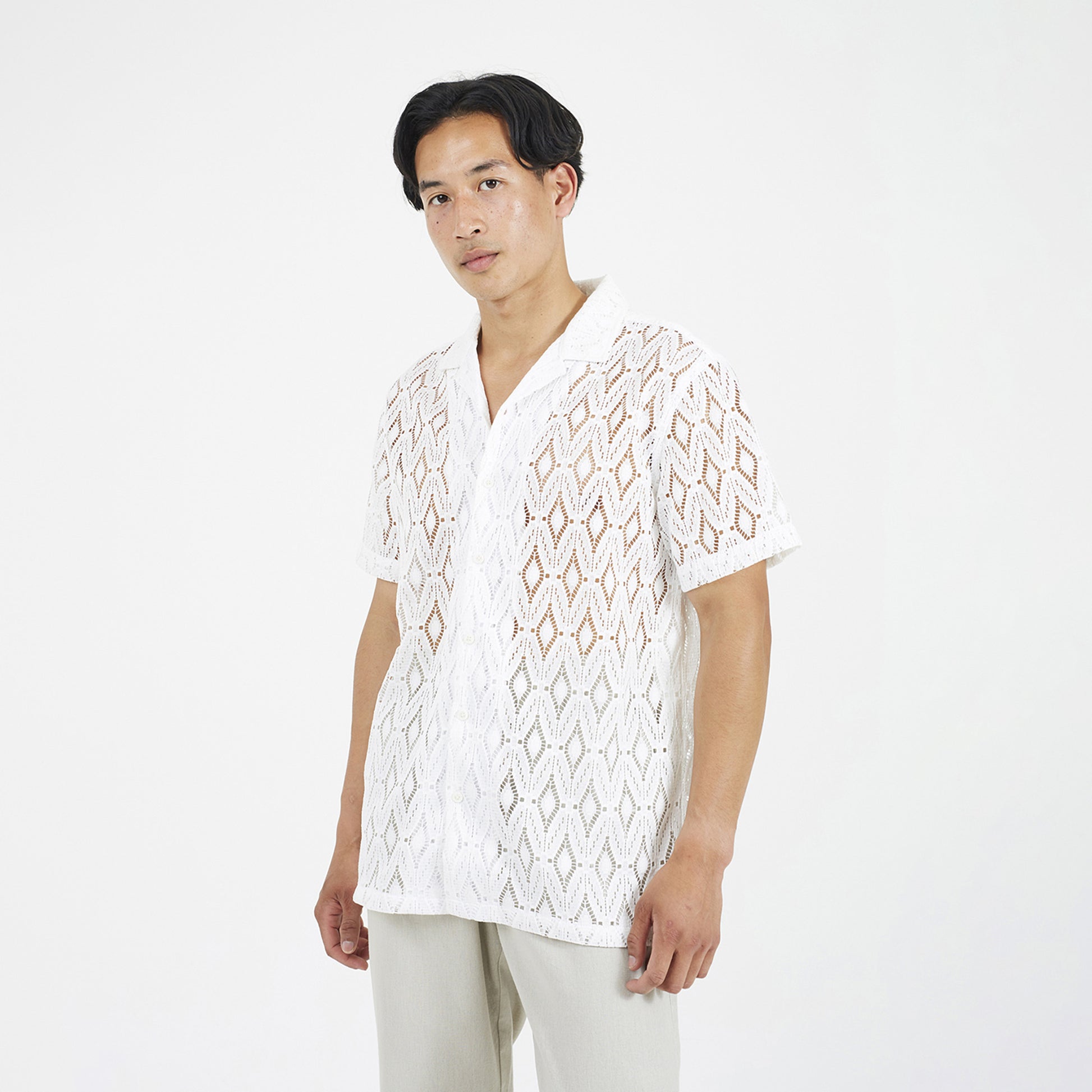 Brave Soul White Geometric Crochet Short Sleeve Shirt - White Image 1