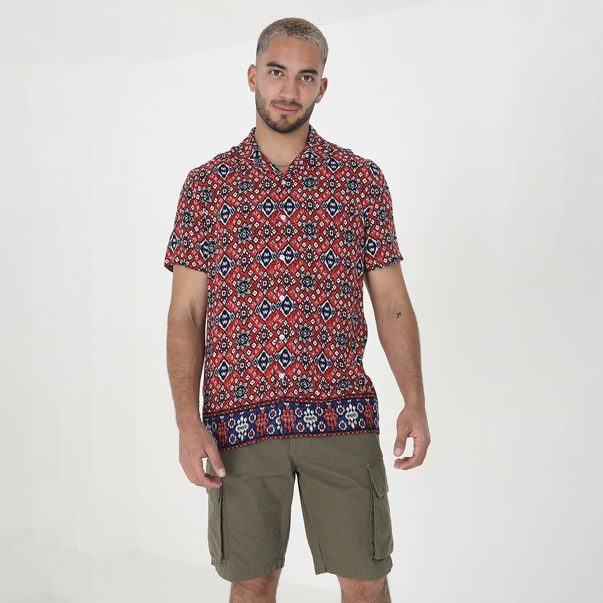 Brave Soul Red Revere Collar Print Shirt - Red Image 1