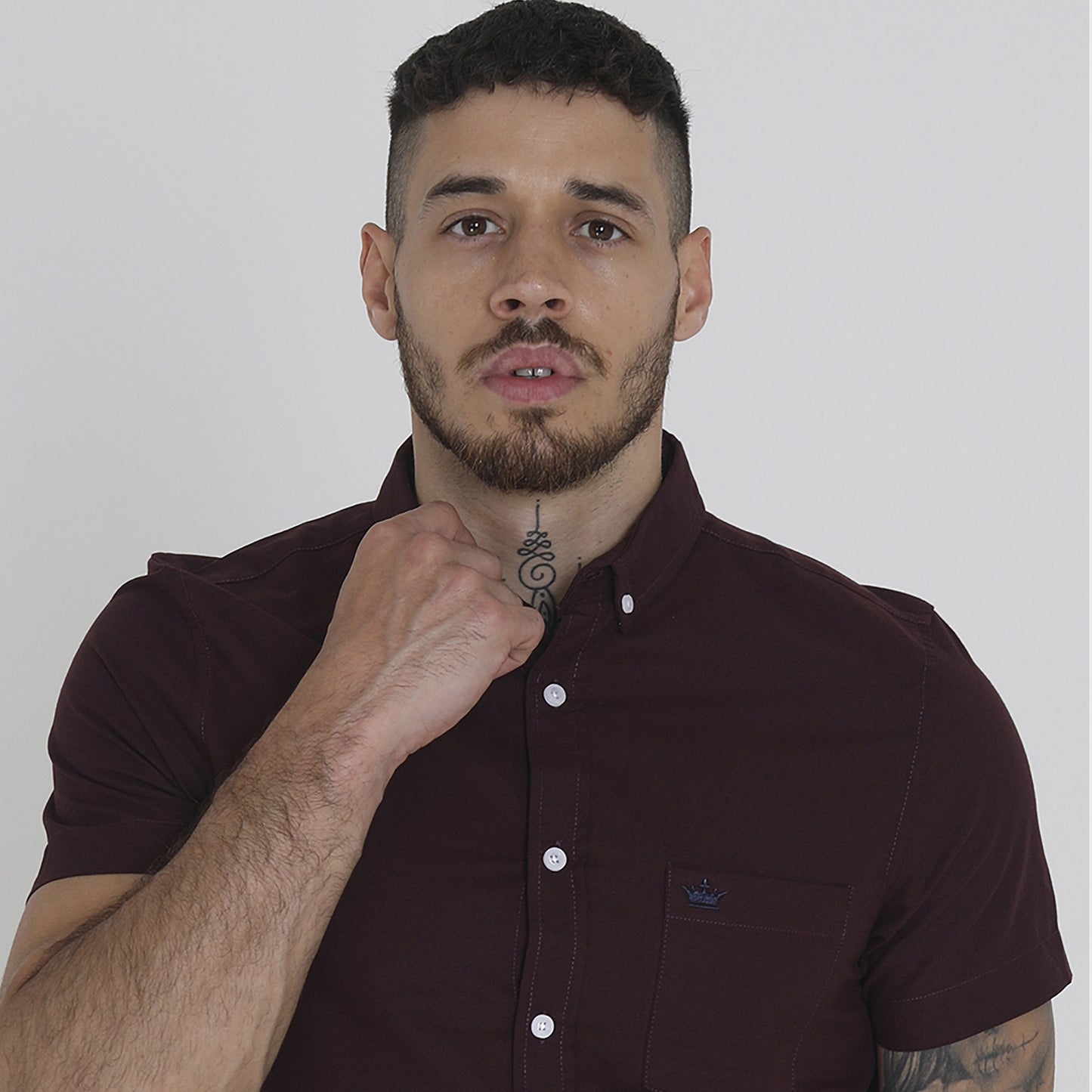 Brave Soul Burgundy Cotton Oxford Short Sleeve Shirt - Burgundy Image 3