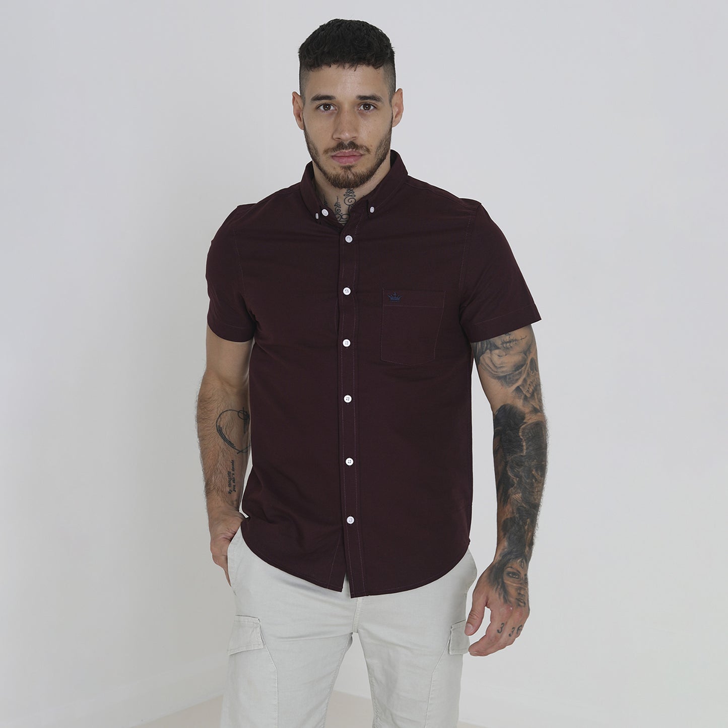 Brave Soul Burgundy Cotton Oxford Short Sleeve Shirt - Burgundy Image 1