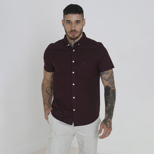 Brave Soul Burgundy Cotton Oxford Short Sleeve Shirt - Burgundy Image 1