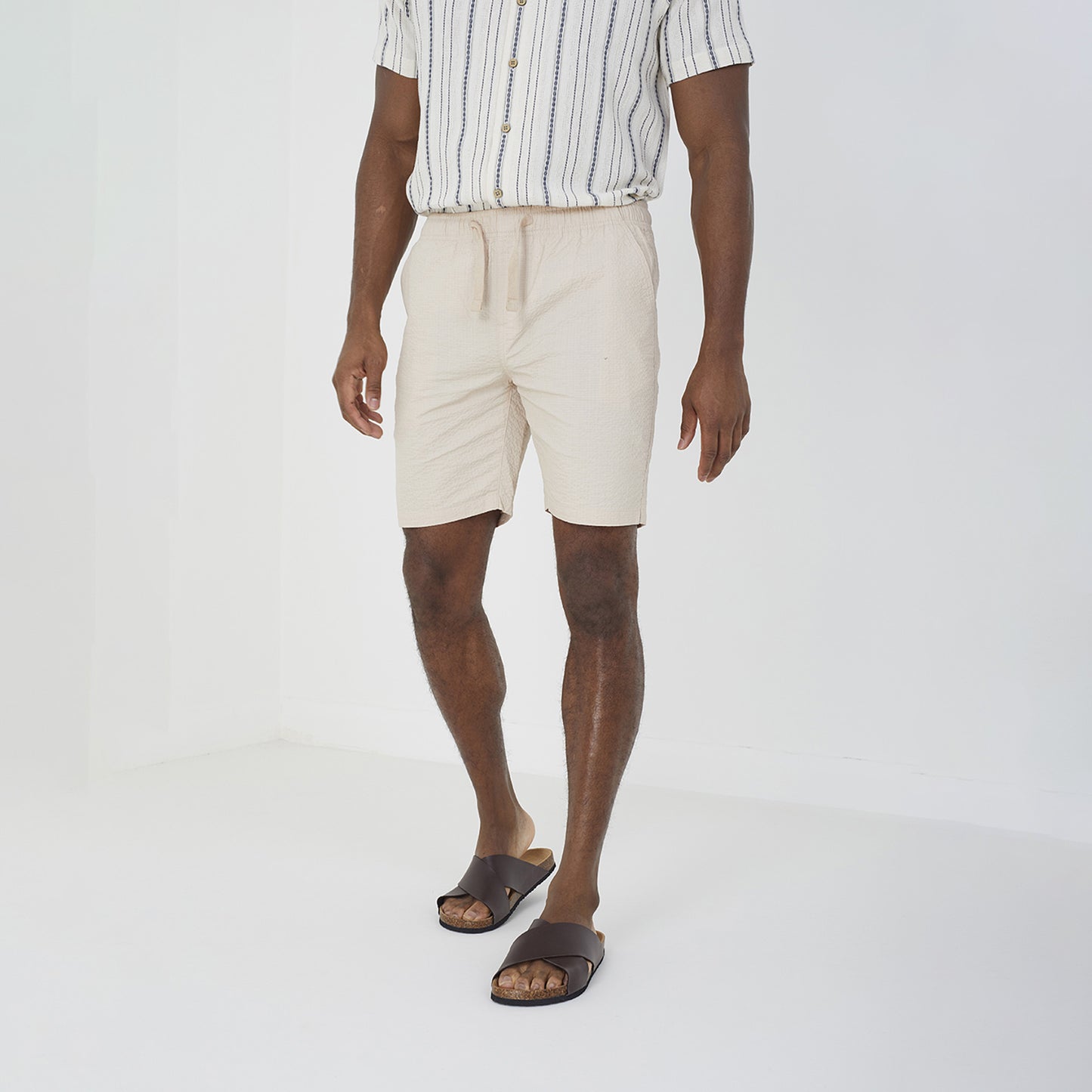 Brave Soul Stone Cotton Seersucker Shorts - Stone Image 1