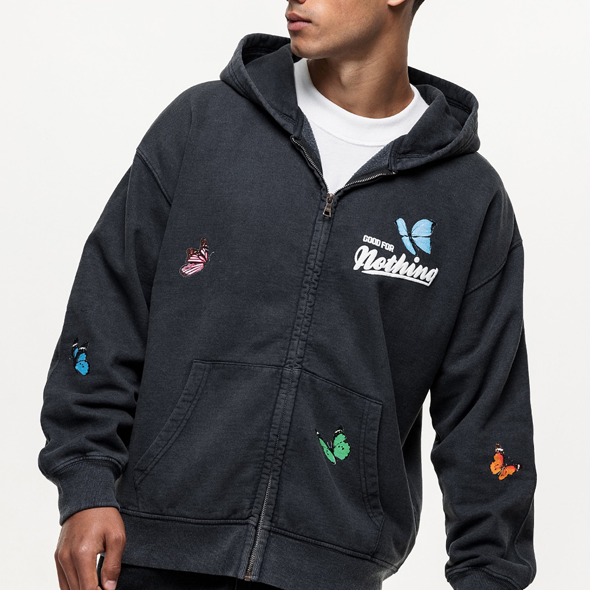 Good For Nothing Black Printed Zip Through Hoodie - Black Image 3