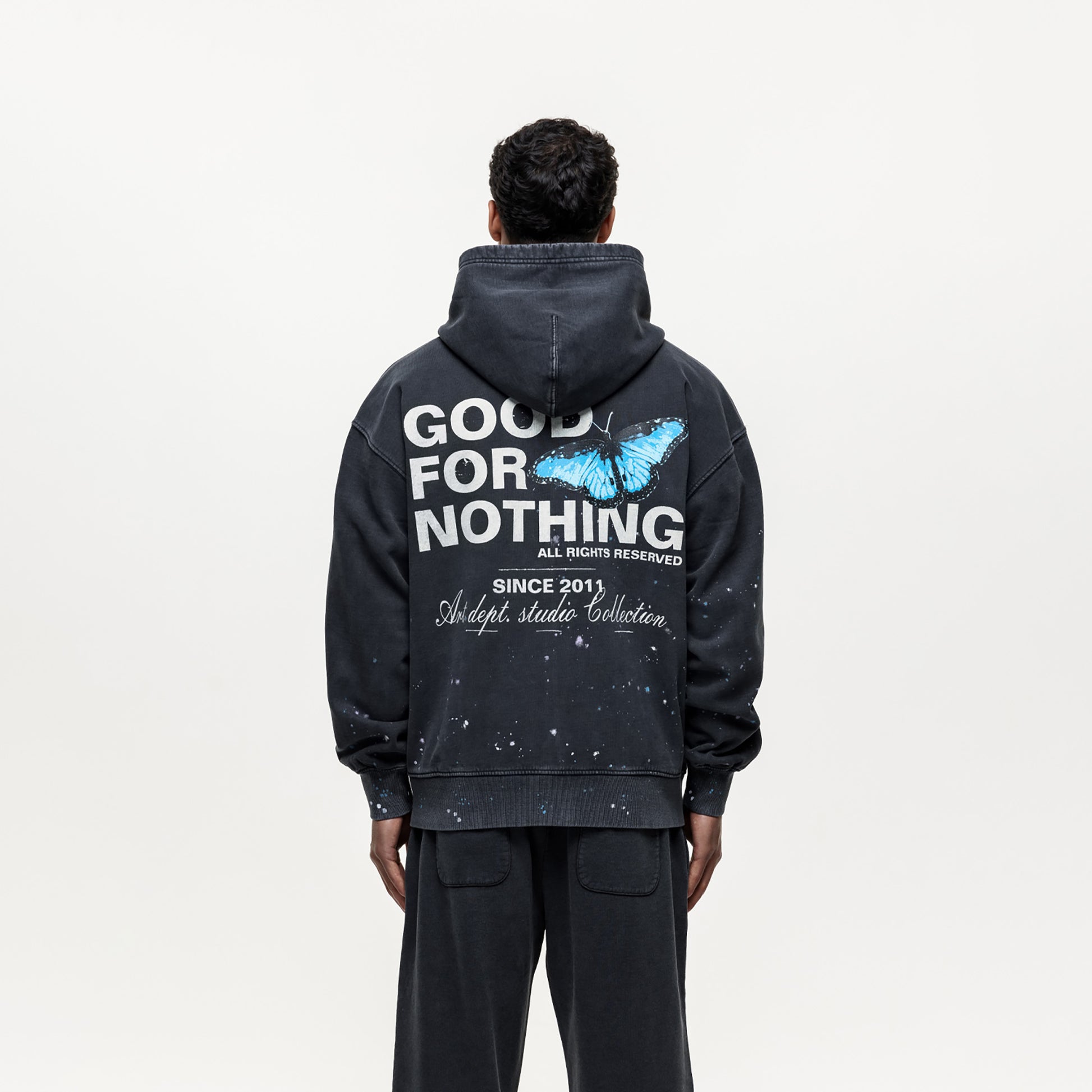 Good For Nothing Black Splatter Detail  Zip Through Hoodie - Black Image 2