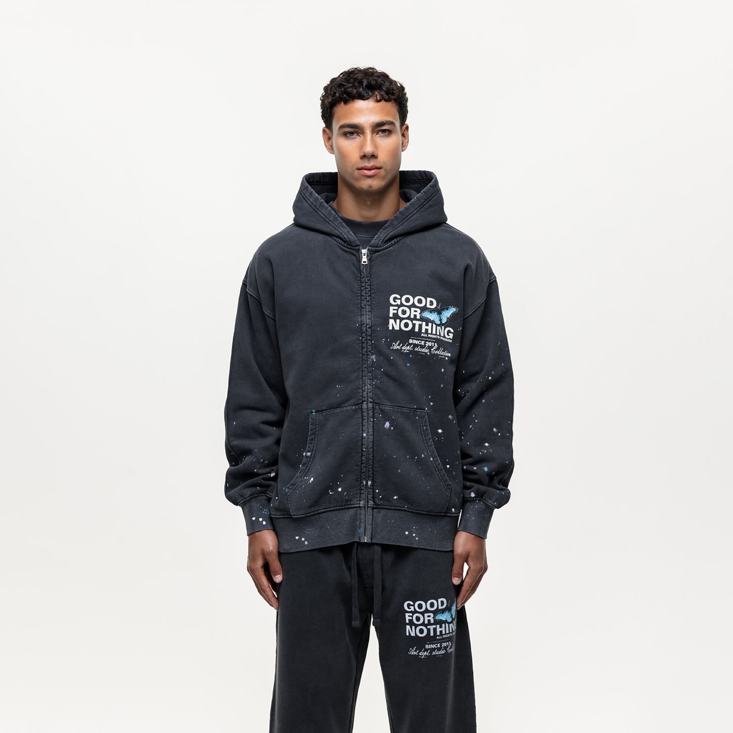 Good For Nothing Black Splatter Detail  Zip Through Hoodie - Black Image 1