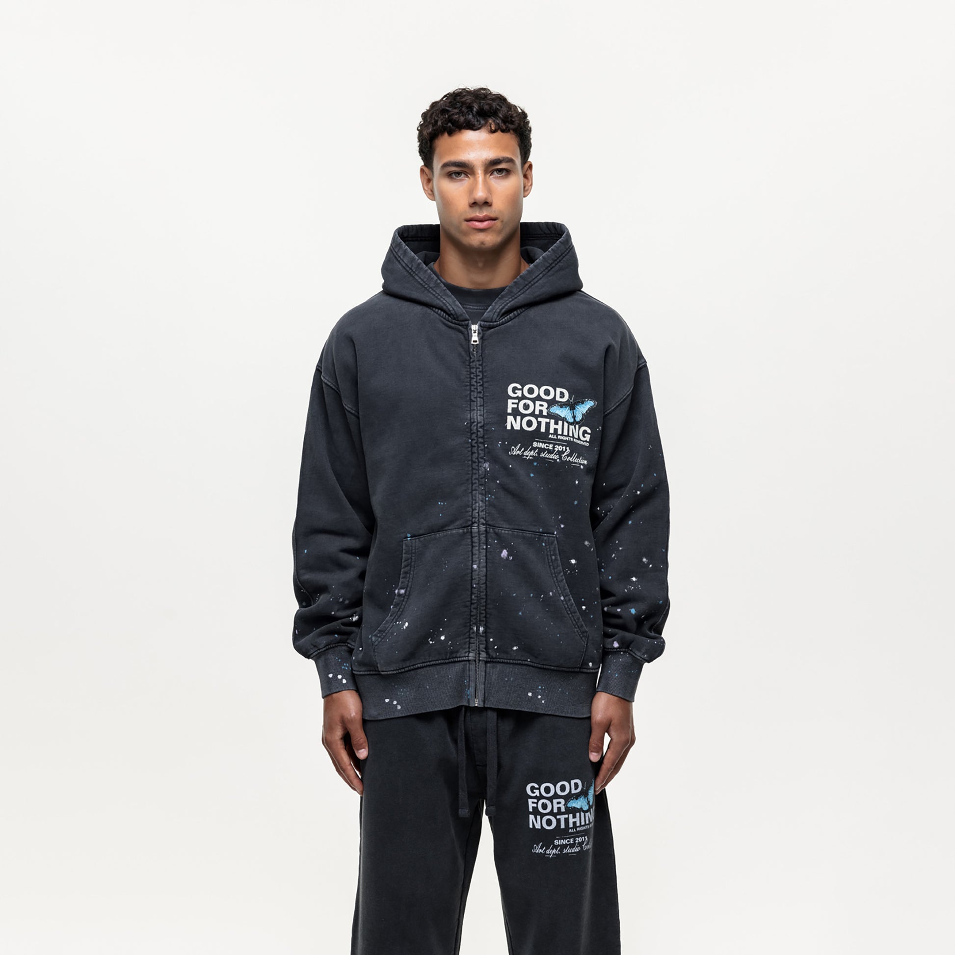 Good For Nothing Black Splatter Detail  Zip Through Hoodie - Black Image 1
