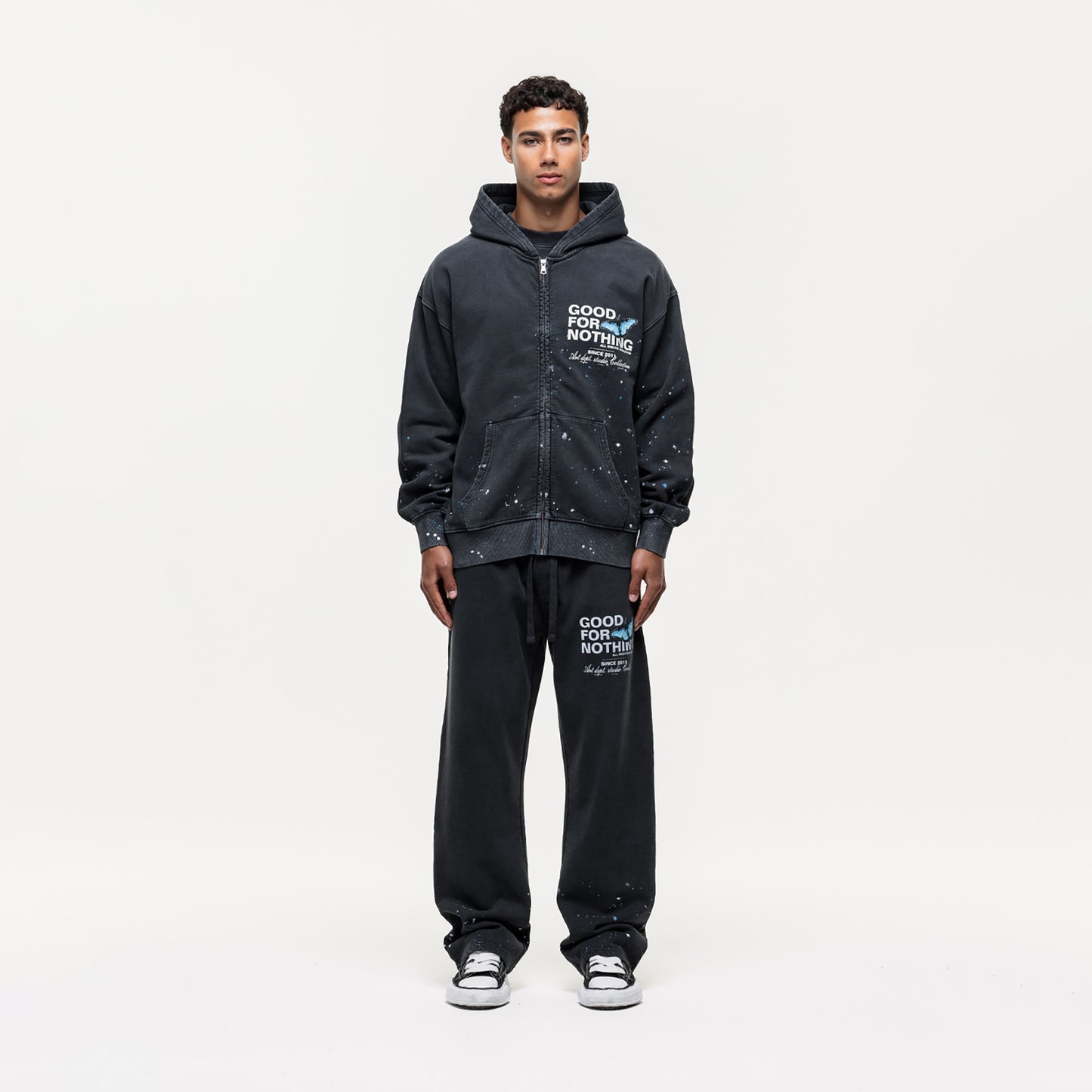 Good For Nothing Black Splatter Detail  Zip Through Hoodie - Black Image 3