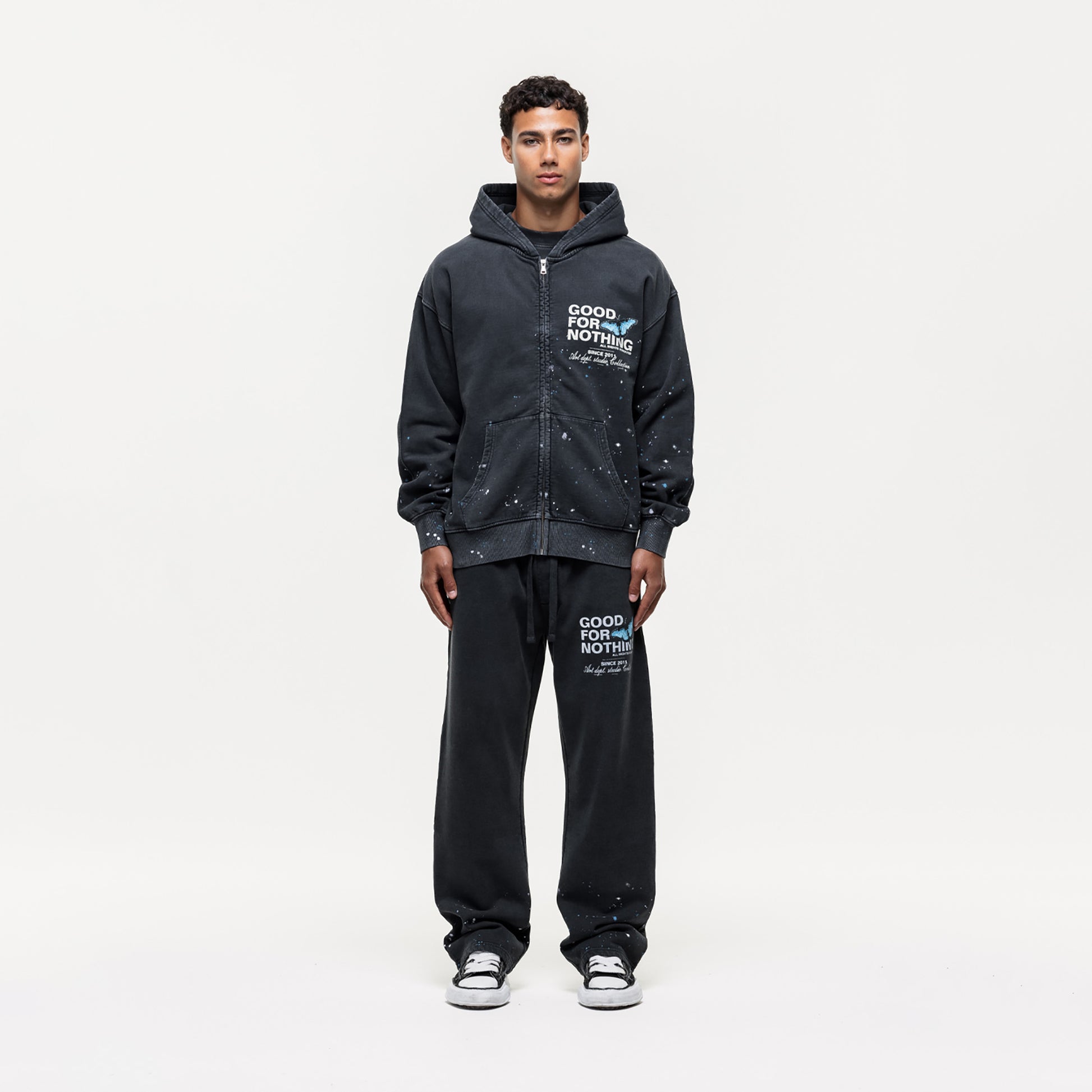 Good For Nothing Black Splatter Detail  Zip Through Hoodie - Black Image 3