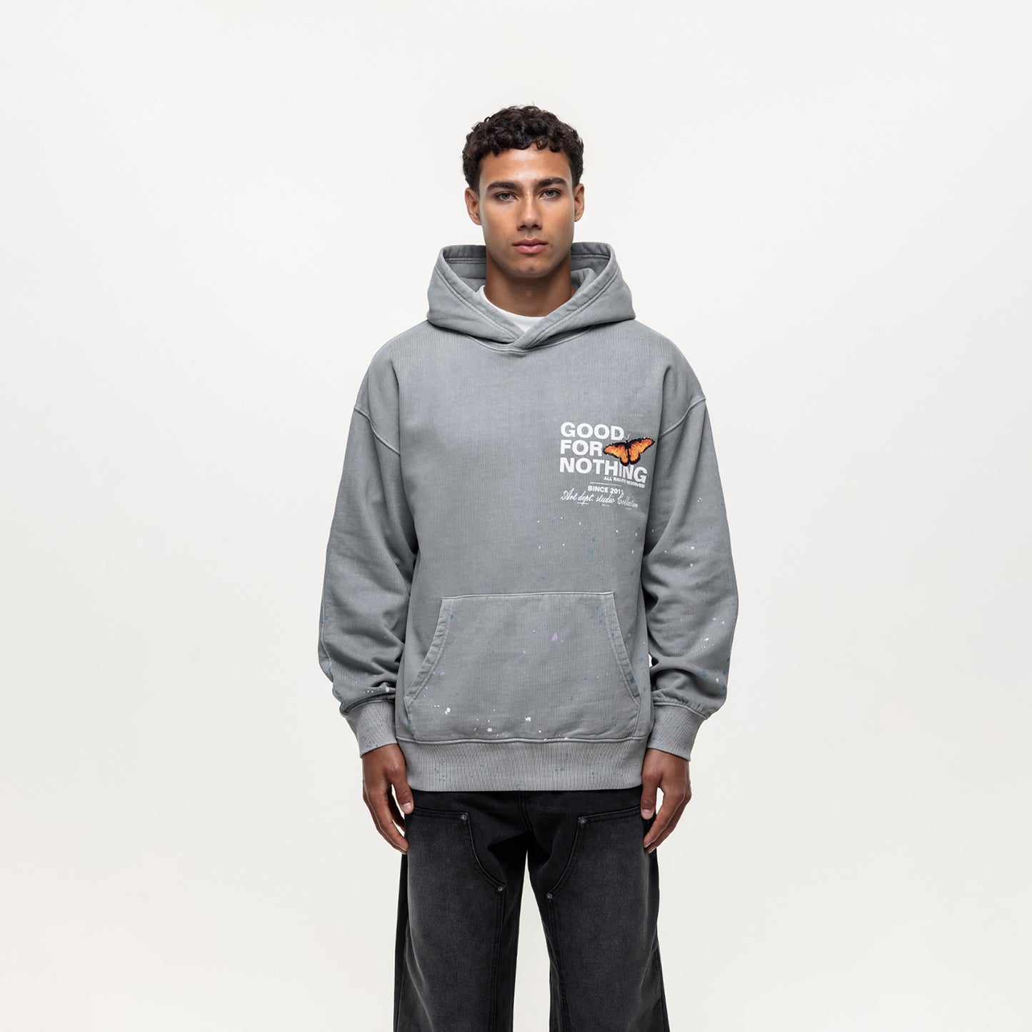 Good For Nothing Grey Splatter Detail Hoodie - Grey Image 1