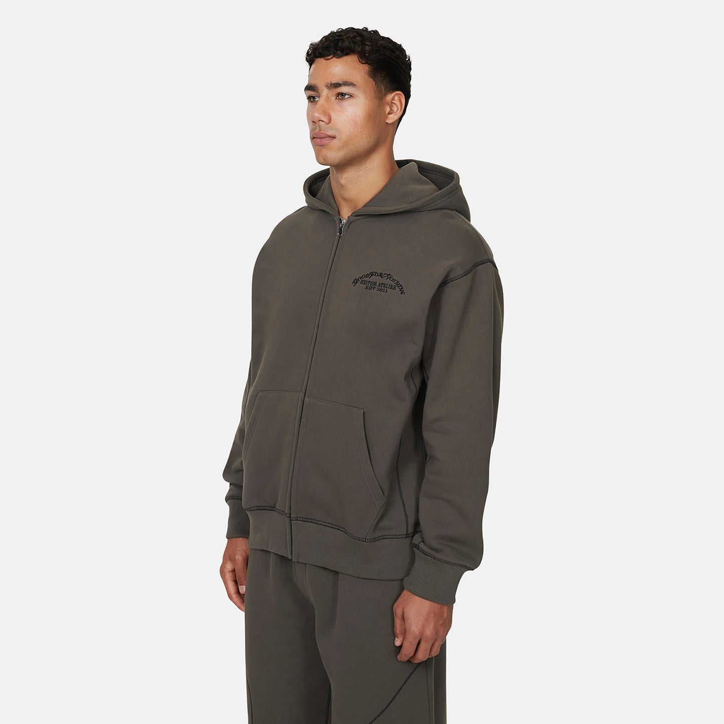 Good For Nothing  Dark Grey Coverlock Stitching Zip Through Hoodie - Dark Grey Image 3