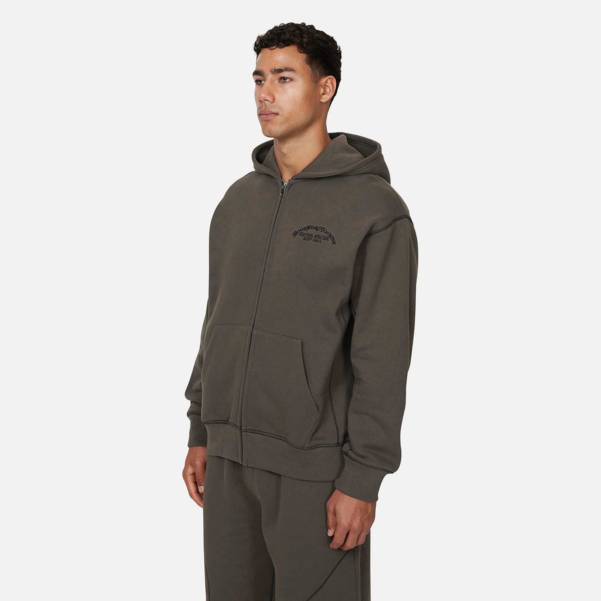Good For Nothing  Dark Grey Coverlock Stitching Zip Through Hoodie - Dark Grey Image 3