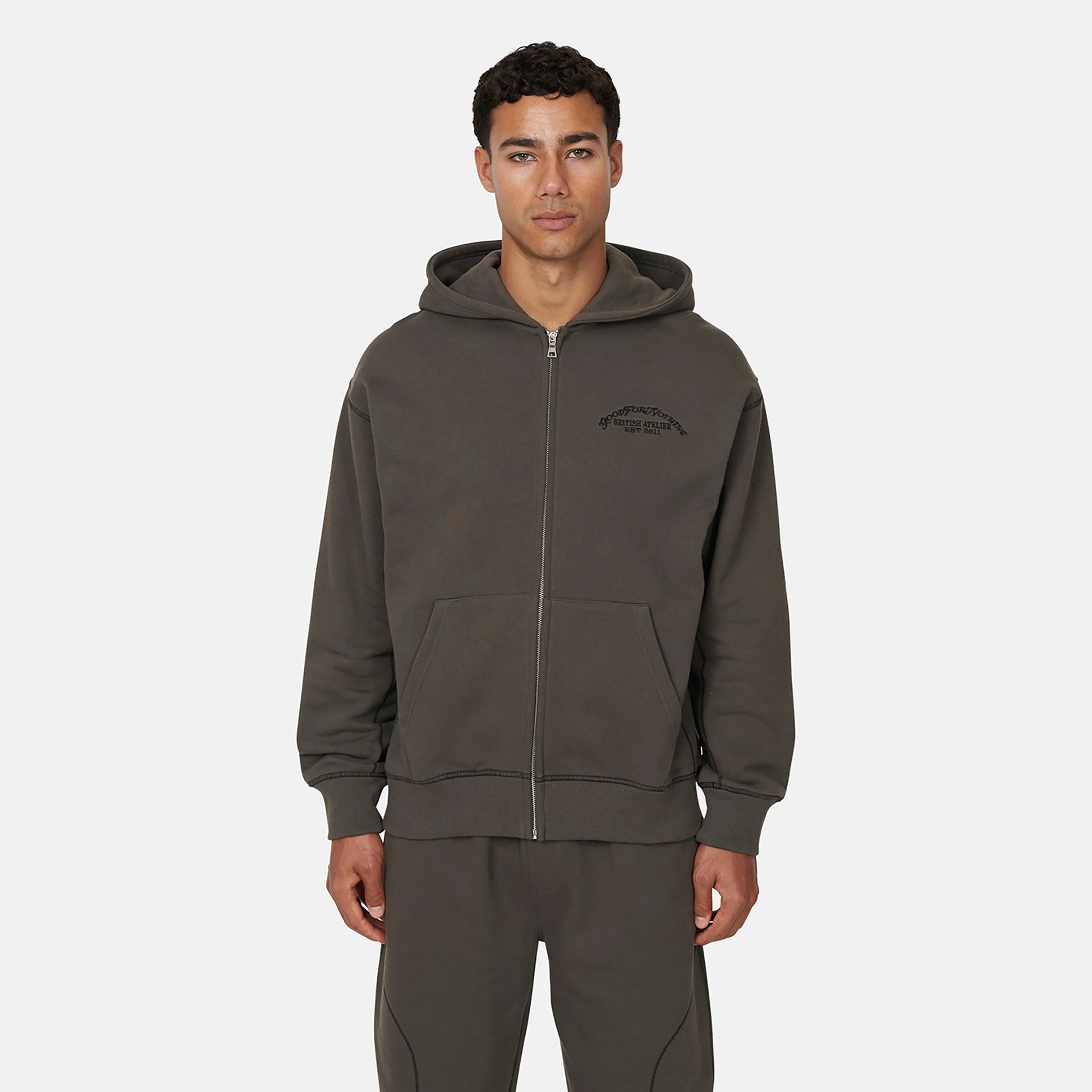 Good For Nothing  Dark Grey Coverlock Stitching Zip Through Hoodie - Dark Grey Image 1