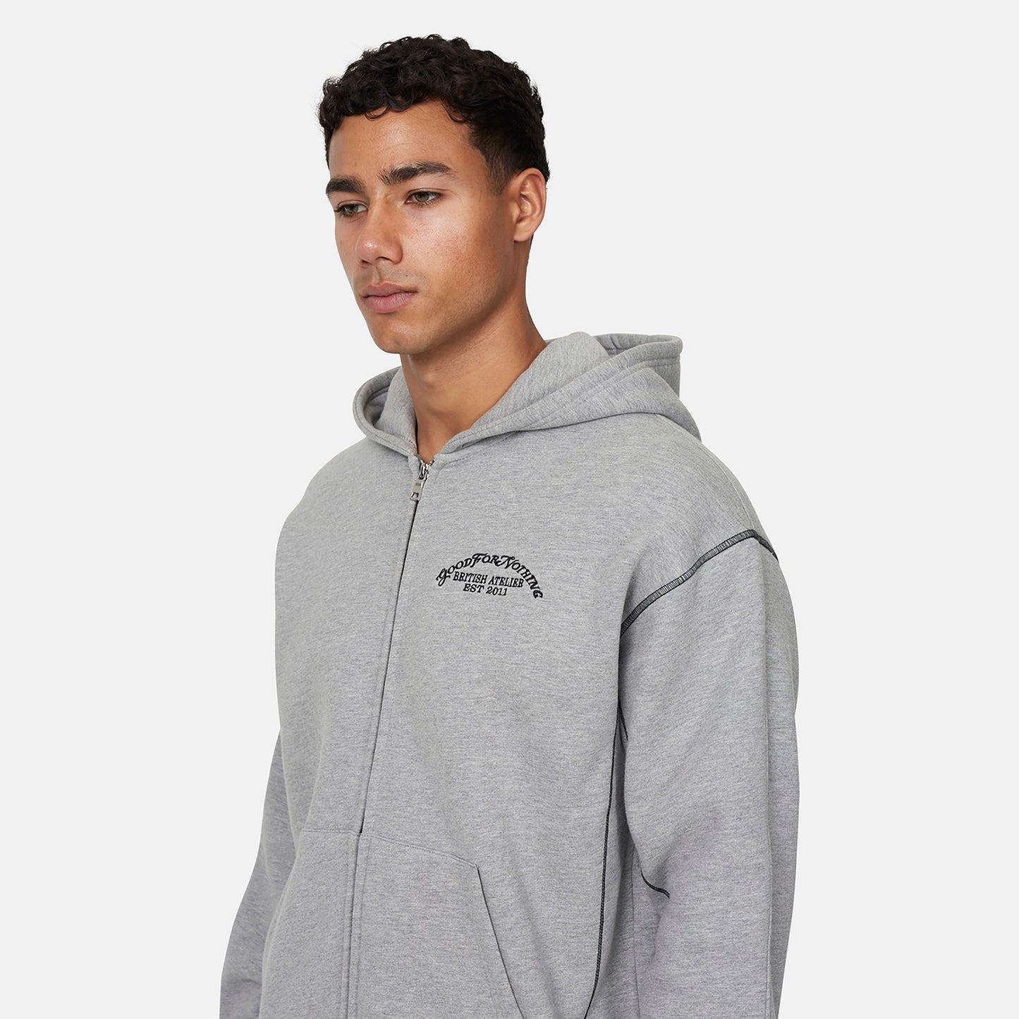 Good For Nothing  Grey Coverlock Stitching Zip Through Hoodie - Grey Image 3