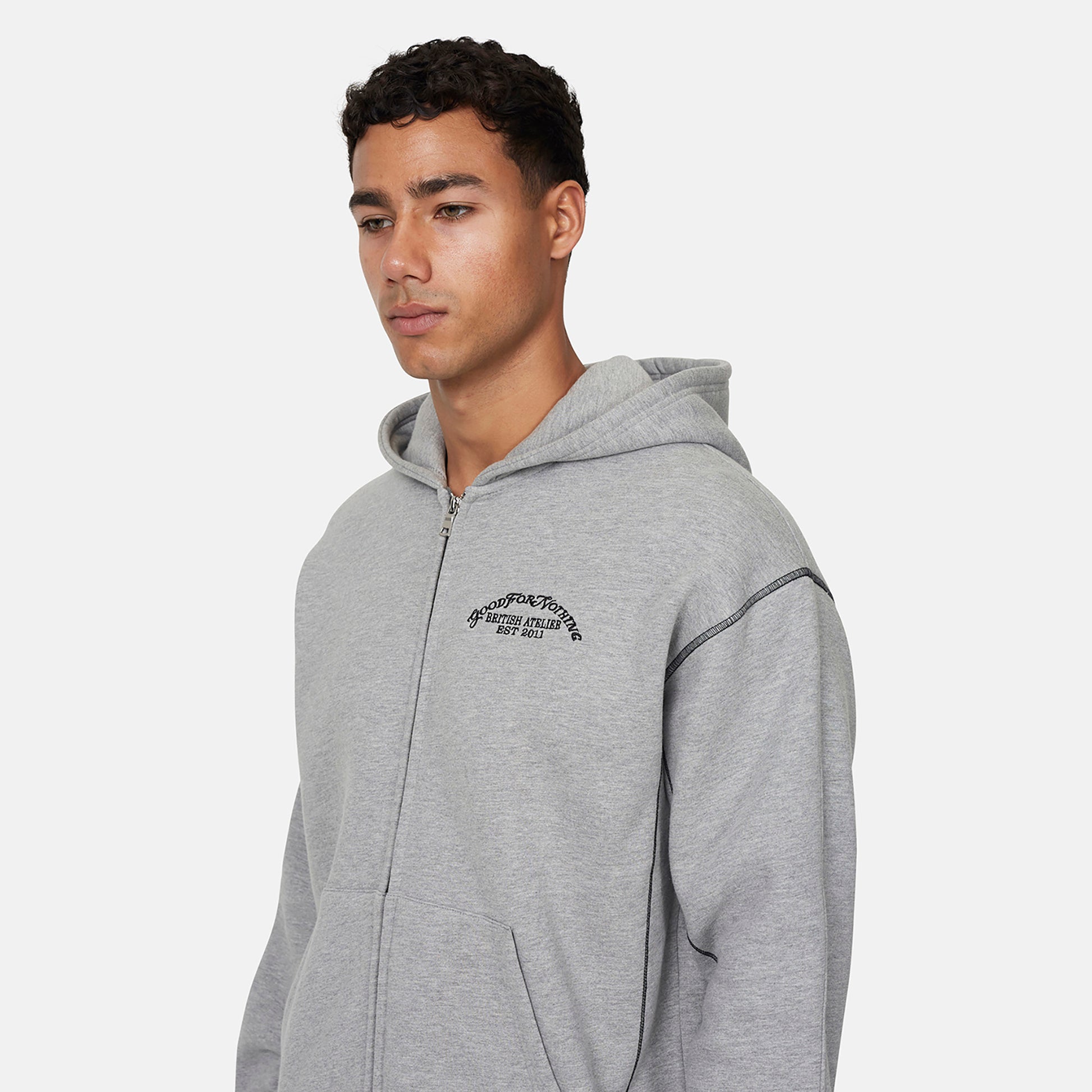 Good For Nothing  Grey Coverlock Stitching Zip Through Hoodie - Grey Image 3