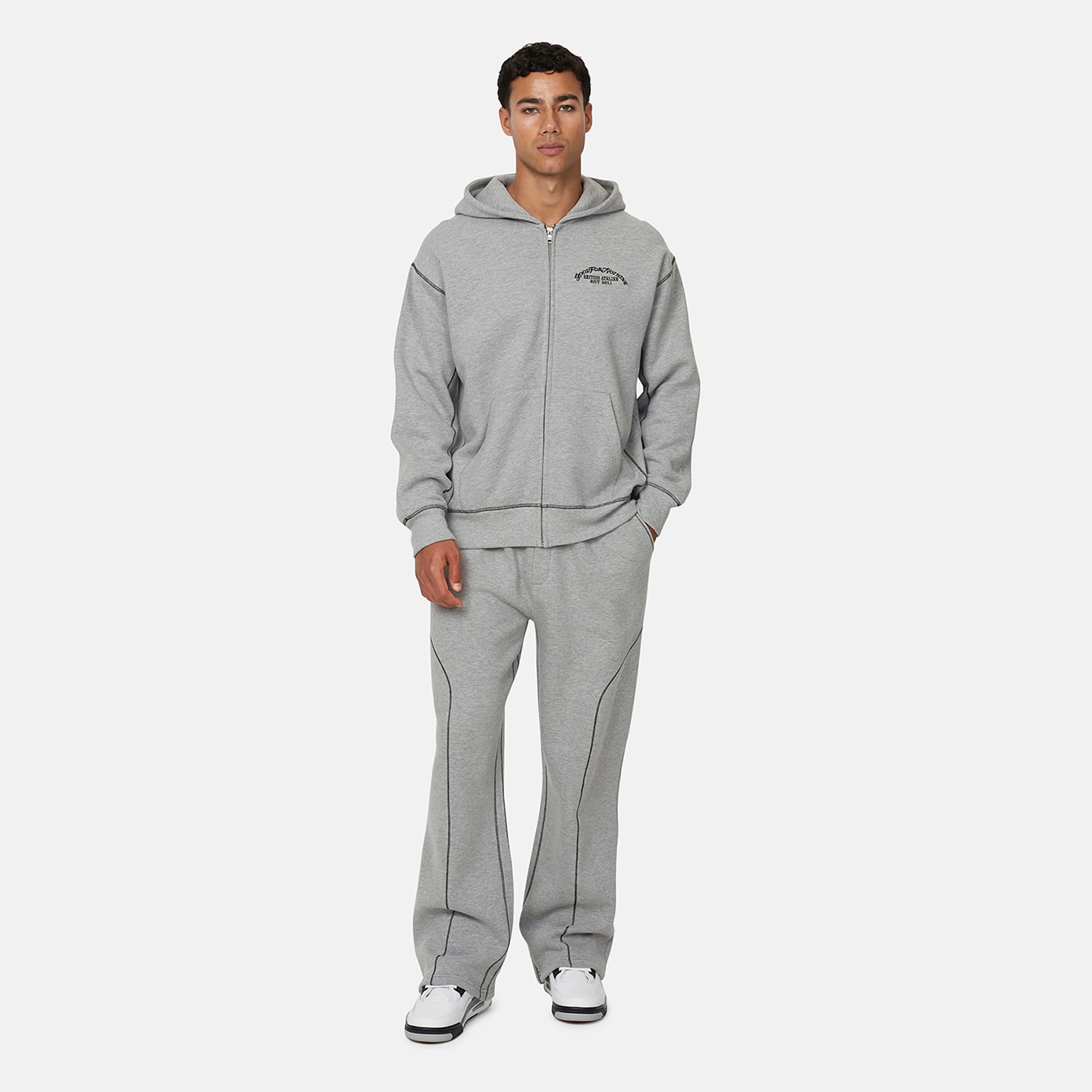 Good For Nothing  Grey Coverlock Stitching Zip Through Hoodie - Grey Image 5