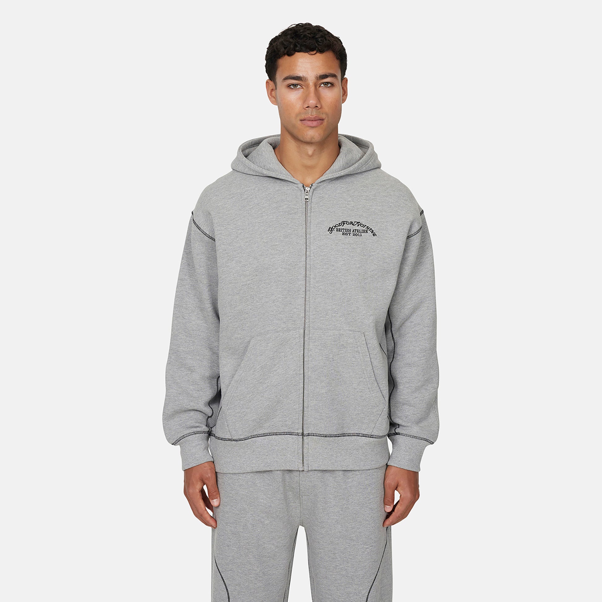 Good For Nothing  Grey Coverlock Stitching Zip Through Hoodie - Grey Image 1