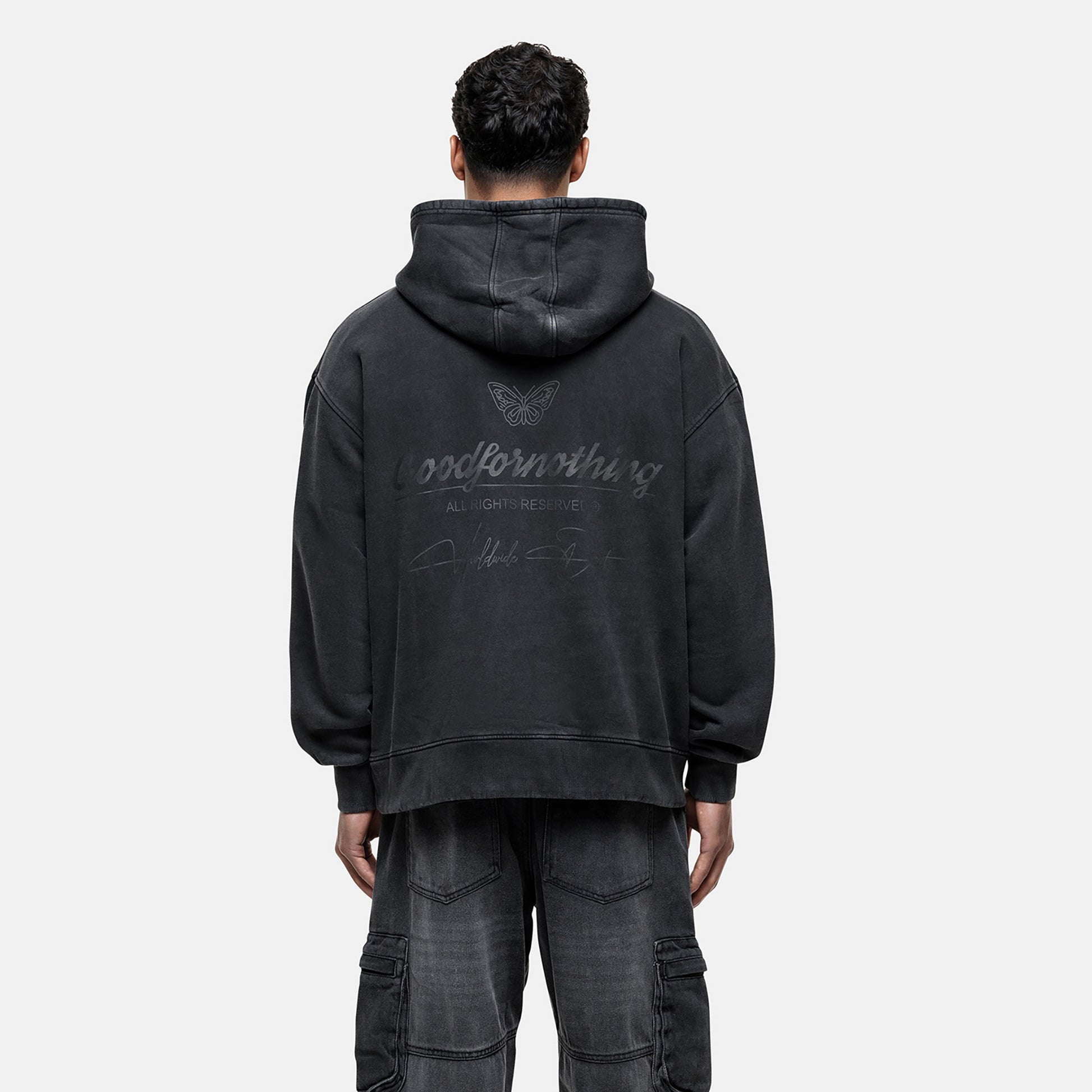 Good For Nothing Black Oversized Graphic Back Print Overhead Hoody - Black Image 2