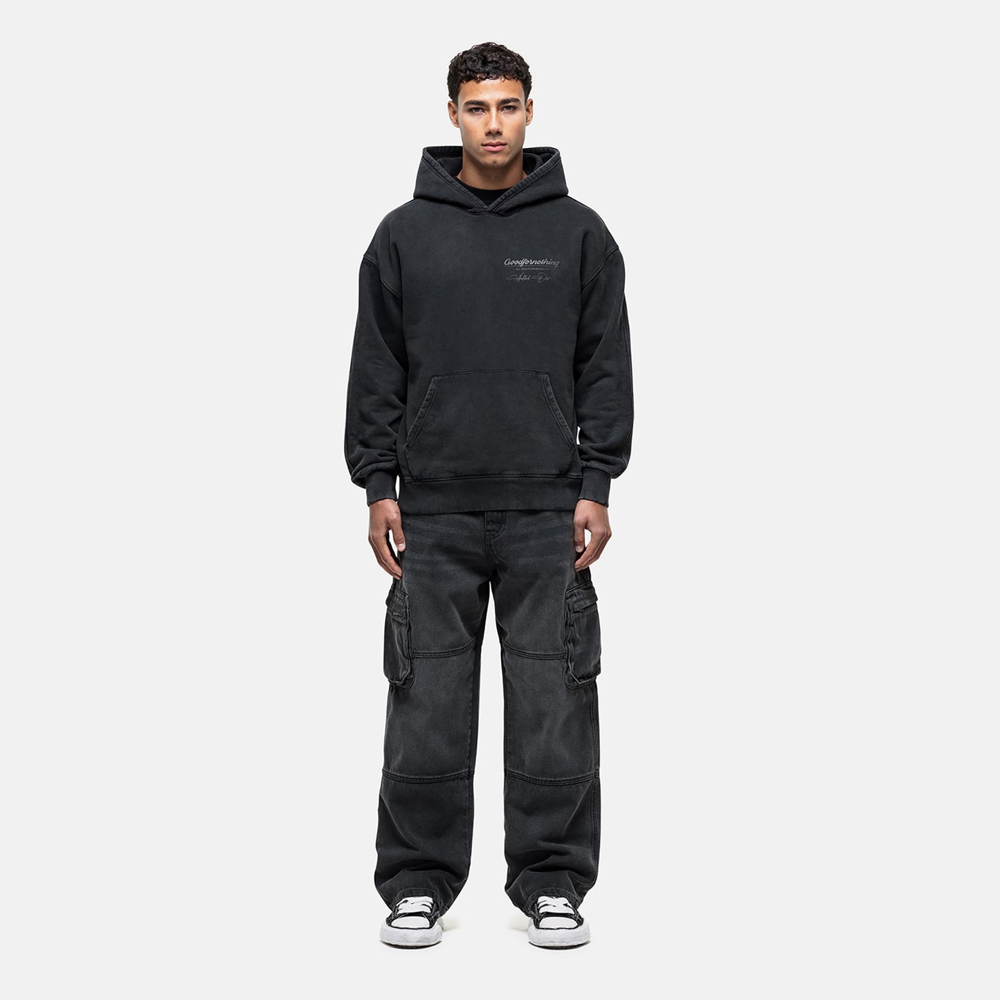 Good For Nothing Black Oversized Graphic Back Print Overhead Hoody - Black Image 4