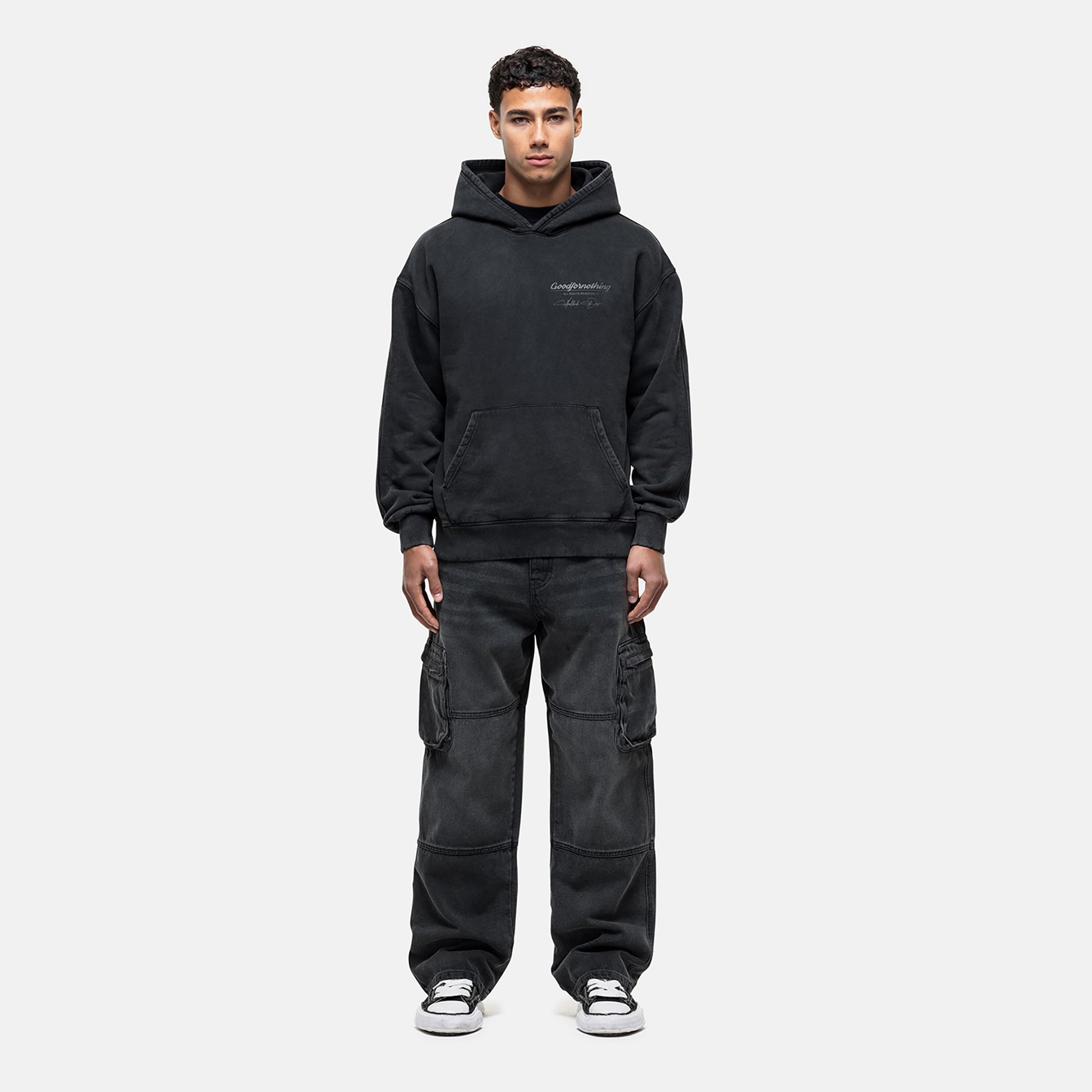 Good For Nothing Black Oversized Graphic Back Print Overhead Hoody - Black Image 4