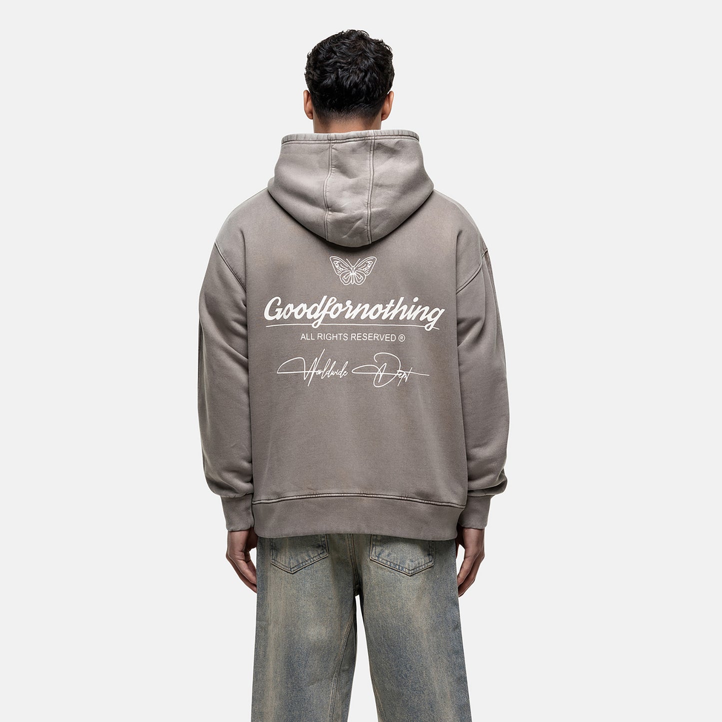 Good For Nothing Taupe Oversized Graphic Back Print Overhead Hoody - Taupe Image 2