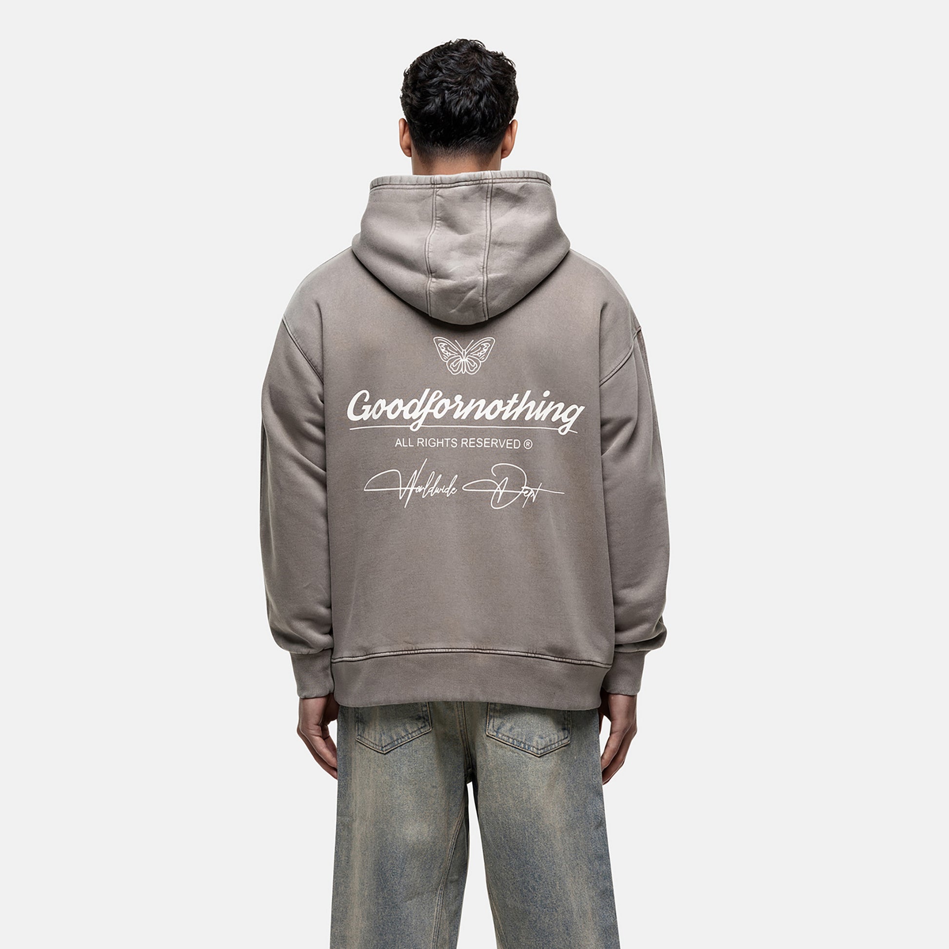 Good For Nothing Taupe Oversized Graphic Back Print Overhead Hoody - Taupe Image 2
