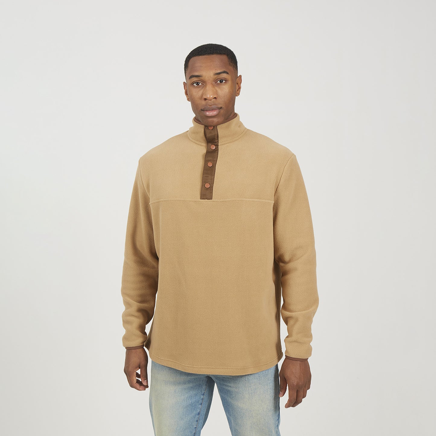 Brave Soul Tan Contrast Quarter Zip Fleece - Tan Image 1